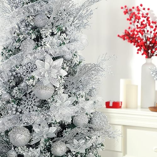 Miniatura 4 de Juego de 68 adornos para árbol de Navidad con purpurina inastillable, adornos de bola de árbol de Navidad, flores de nochebuena, cinta con alambre,