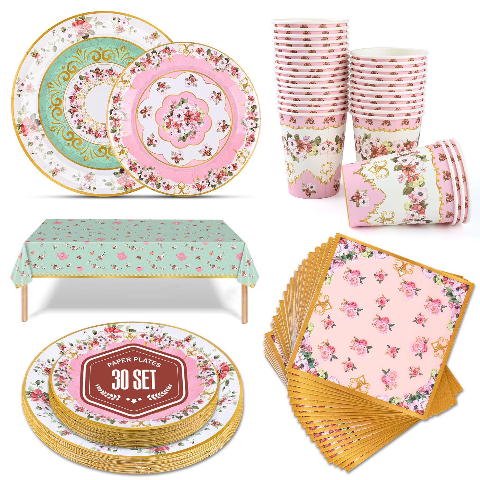 151 Pcs Floral Paper Party Plates Set (Set of 30), Afternoon Tea Decorations, Party Plates Cups and Napkins, BirthdayParty Decorations, Engagement Paper Plates for Parties