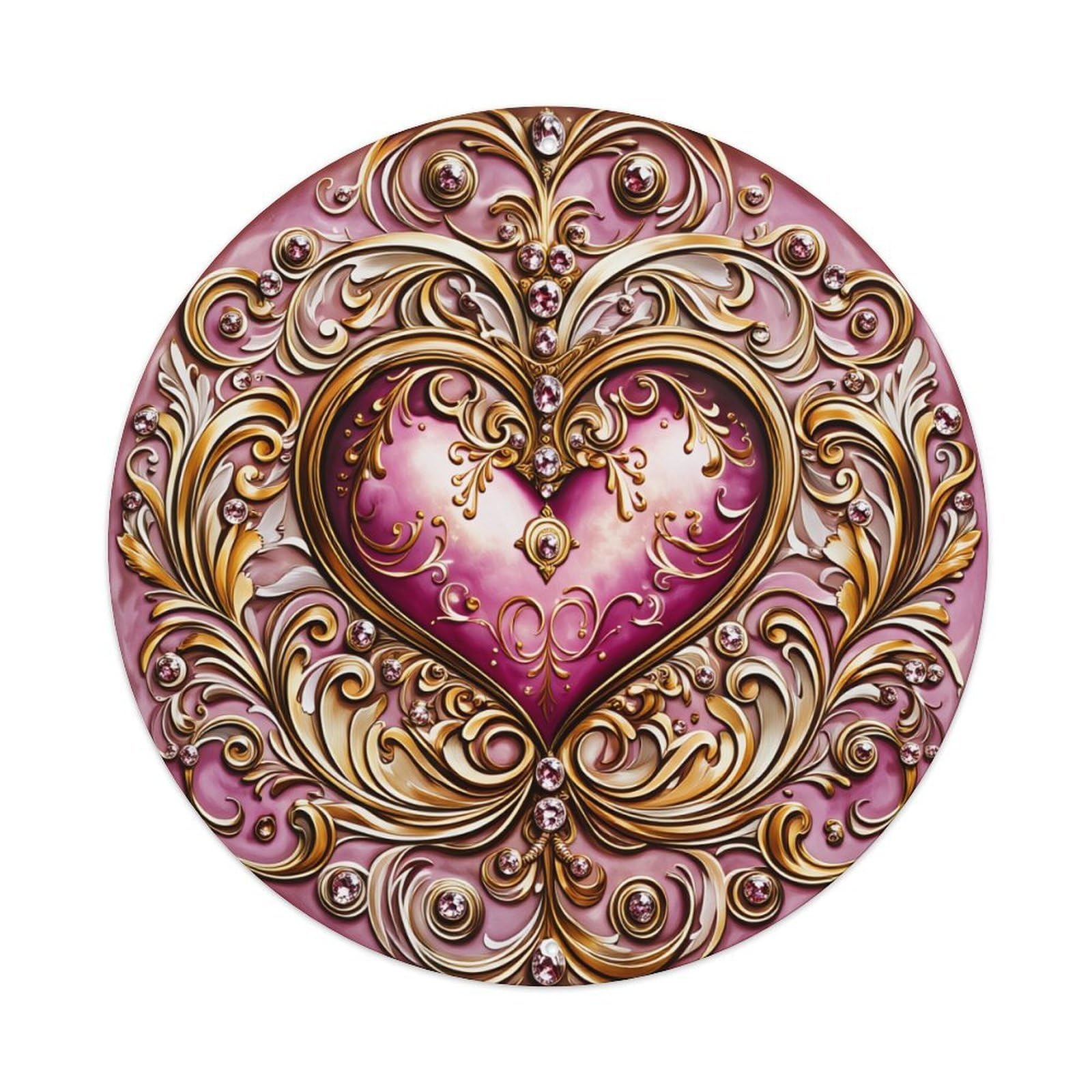 Ornate Heart Gold Pink Scroll Round Tin Sign Vintage Metal Poster, Home Bar Garage Man Cave Cafe Indoor & Outdoor Wall Decoration 8x8Inches