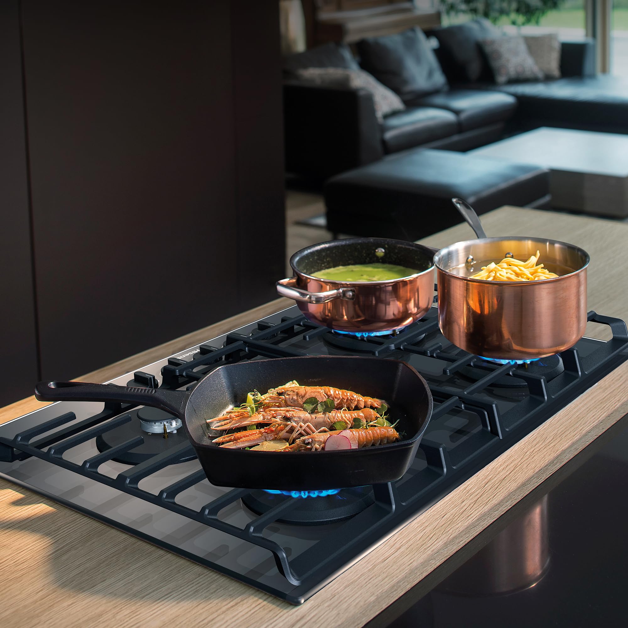 Hisense GG773B - Placa de Gas 5 Zonas, 1000W, Fondo 52cm, 5 Quemadores de Gas, Soporte de Hierro Fundido, Encendido con una mano, Quemador Wok, Superficie de fácil limpieza, Cristal Negro