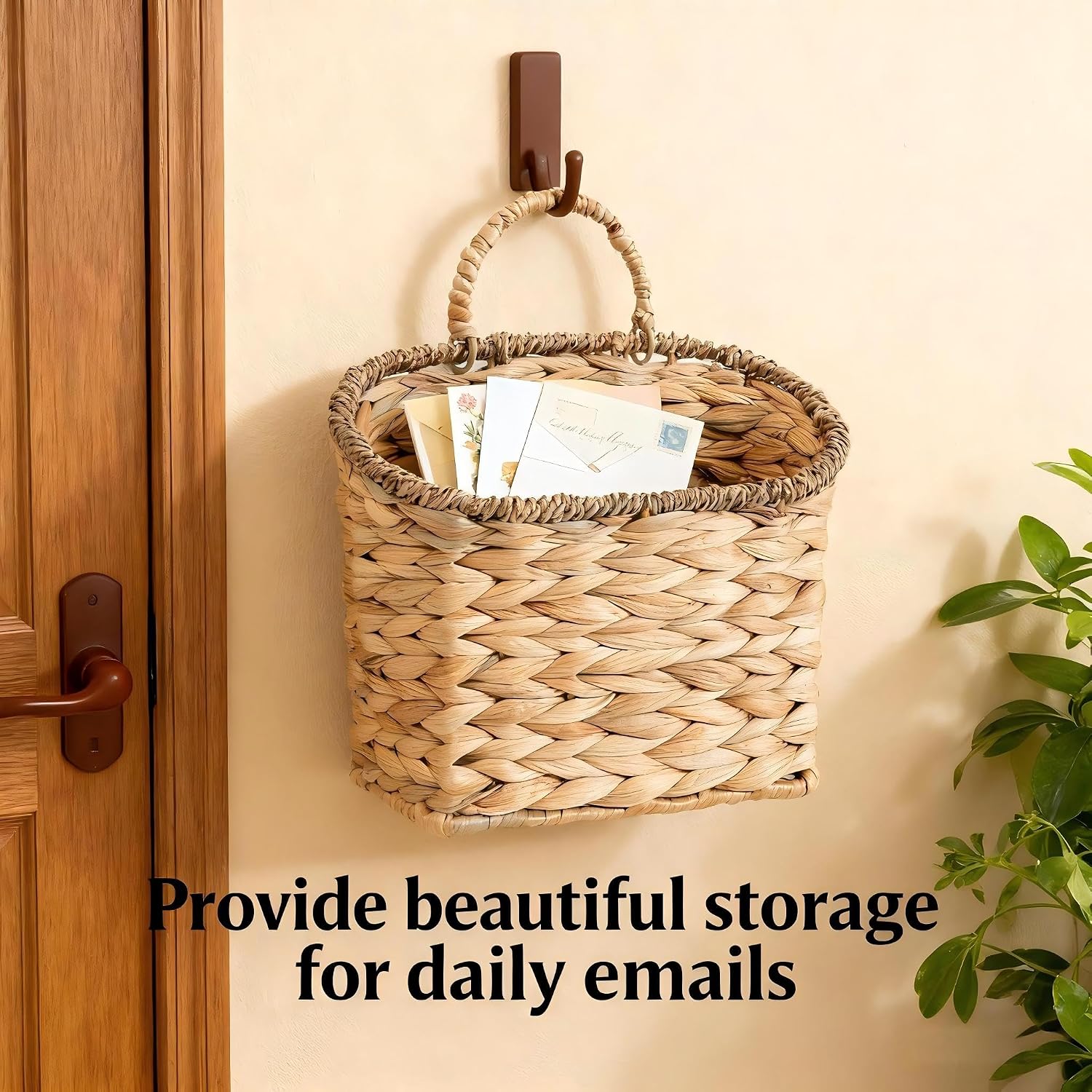 Set of 2 Woven Hanging Basket, Water Hyacinth Handmade Wicke Hanging Wall Baskets for Organizing, Front Door, Mail, Flowers-for Garden Farmhouse Home