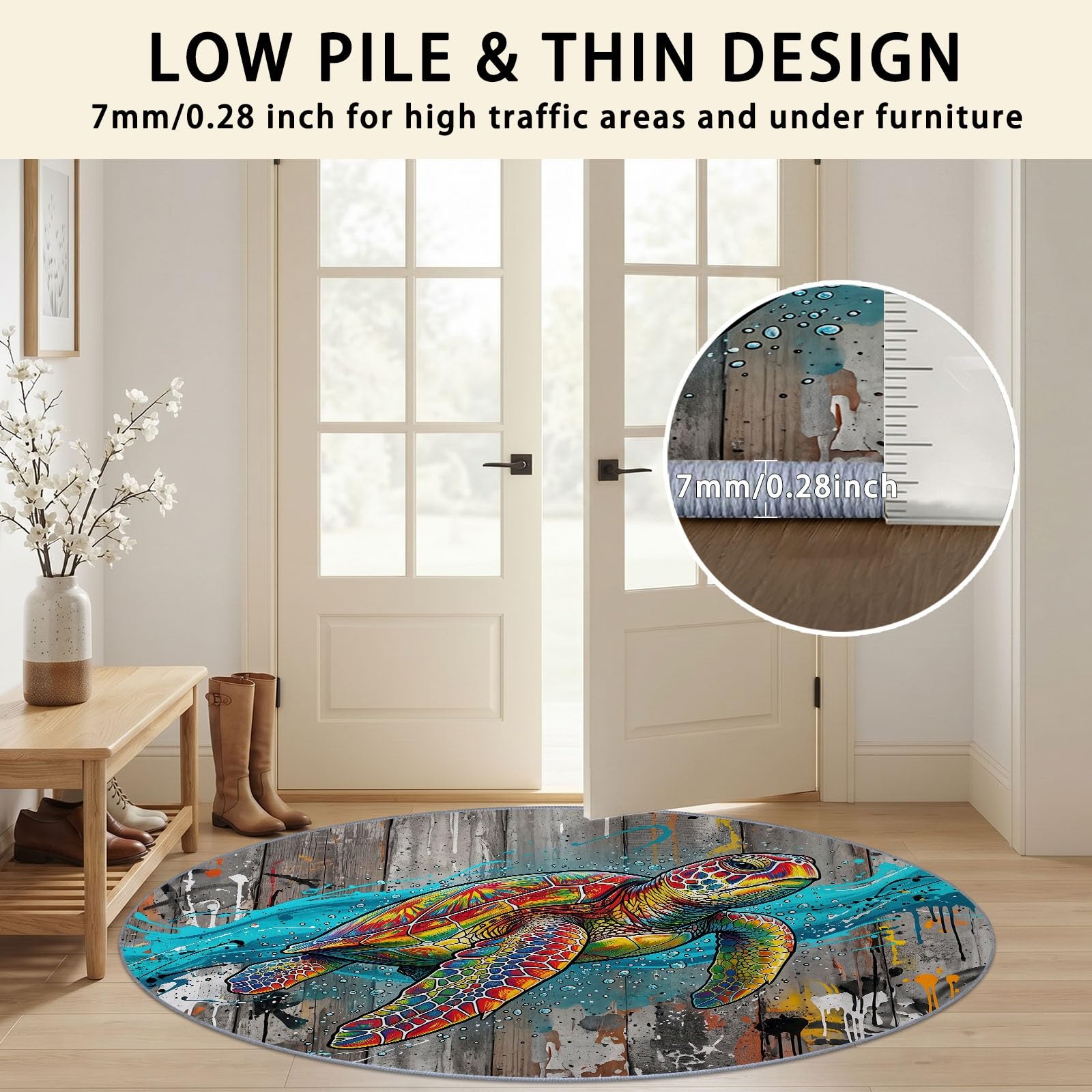 Générique Tapis Rond Gris 100 cm Antidérapant, Colorée Tortue De Mer Animal Marin Tapis de Salon Rond à Poils Courts Lavable en Machine, pour Chambre Cuisine et Chambre d'enfant