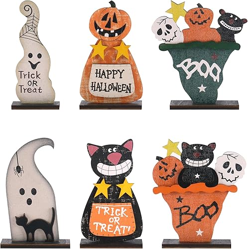 SY Super Bang Decoración de mesa de Halloween de madera, 6 piezas de decoración retro de Halloween, incluyendo gato negromonstruo de calabaza,