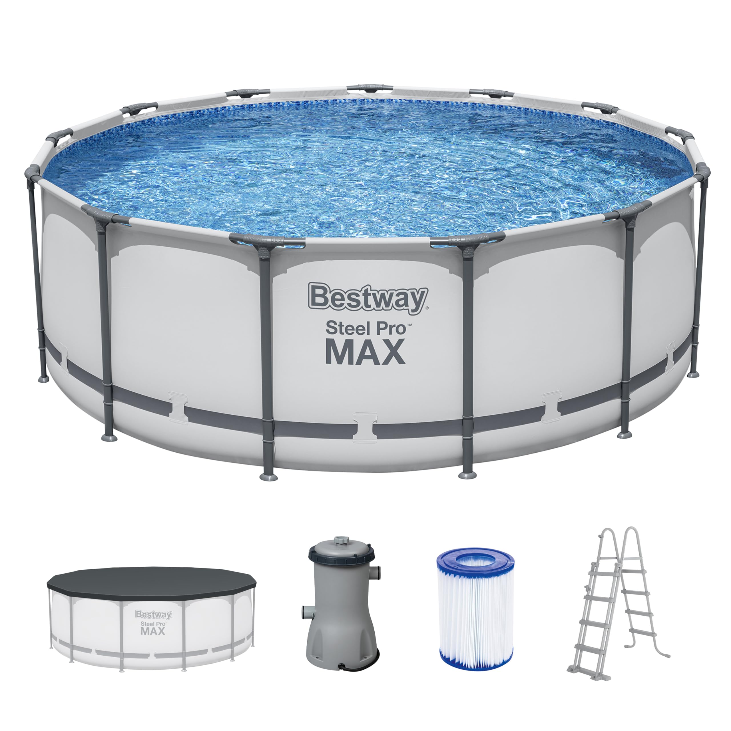 Bestway® Steel Pro MAX™ Aufstellpool Komplett-Set mit Filterpumpe Ø 396 x 122 cm, lichtgrau, rund