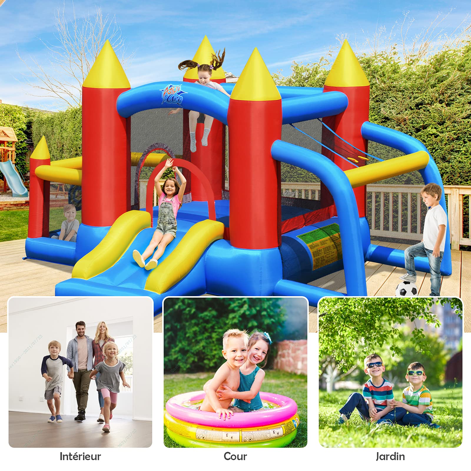 GOPLUS Castillo Hinchable con Soplador, Inchable Infantil Interior Exterior, Material Extra Rueso, Ninos Adecuado de 3 a 10 Años, con Toboganes, Zona de Salto de Pared de Escalada, 350 x 275 x 196cm