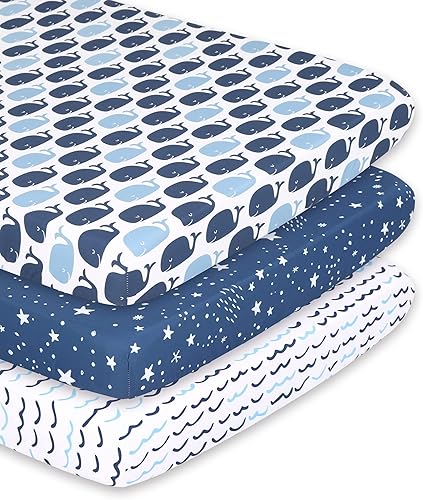 The Peanutshell Juego de sábanas para cuna, paquete de 3, multiuso para empacar y jugar, corral, corralito, mini cuna, ballena náutica