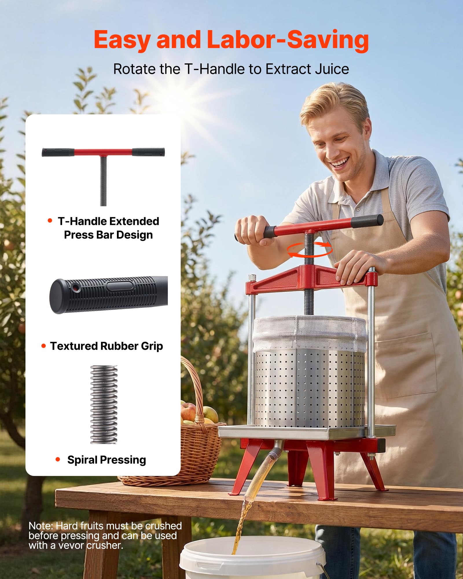 VEVOR Pressa Manuale Premitutto per Vino, Torchio Premitutto per Frutte in Acciaio Inox 15 Litri per Mele UVA Arance Verdure 40 X 32 X 61 cm, Torchio Manuale da Cucina con Manico a Forma di T