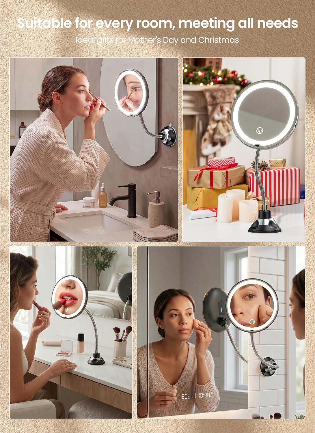 Brightown 10x Makeup Mirror with Lights and Magnification,Flexible Gooseneck Magnifying Mirror with 3 Lighting and Adjustable Brightness,Battery Operated with Suction Cup for Bathroom Bedroom, Black