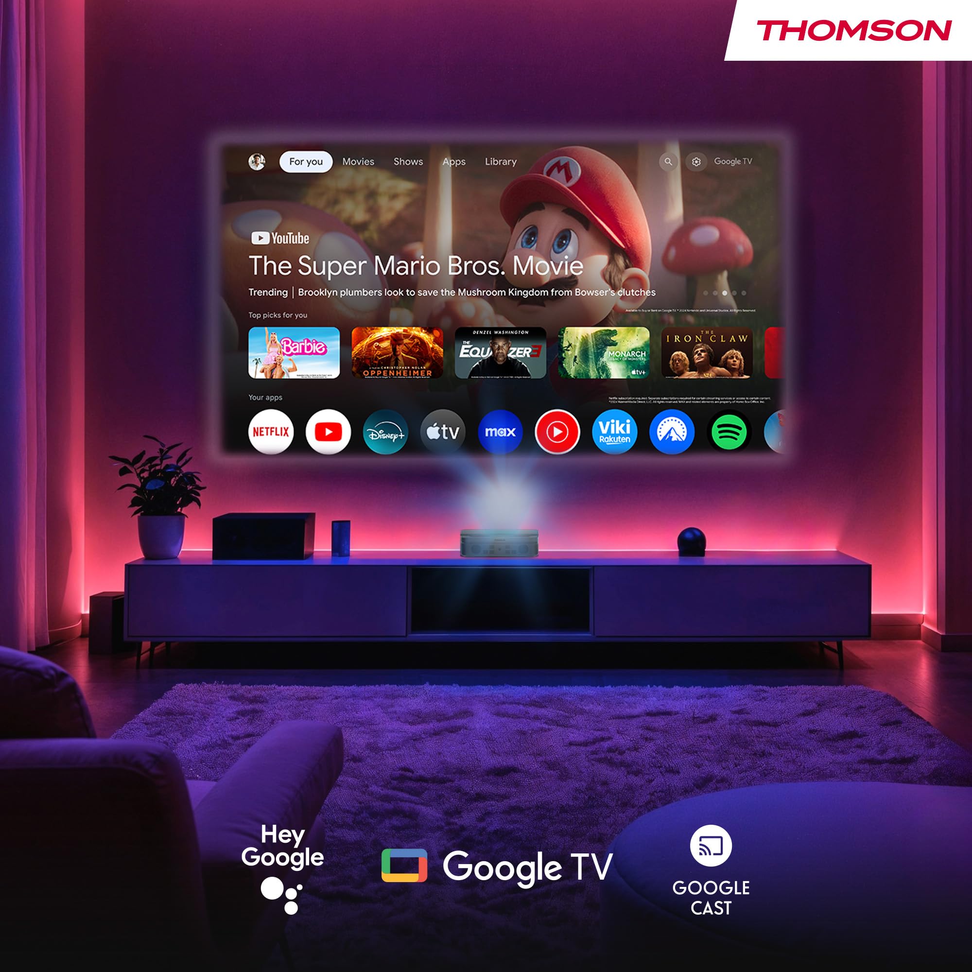 Thomson Sirius PG55B Proiettore Laser RGB Smart, Ottica Ultra-Corta, Full HD 1080p, Google TV, 600 ANSI, Auto Focus, HDR10+, Dolby Digital+, Batteria, WiFi, Bluetooth
