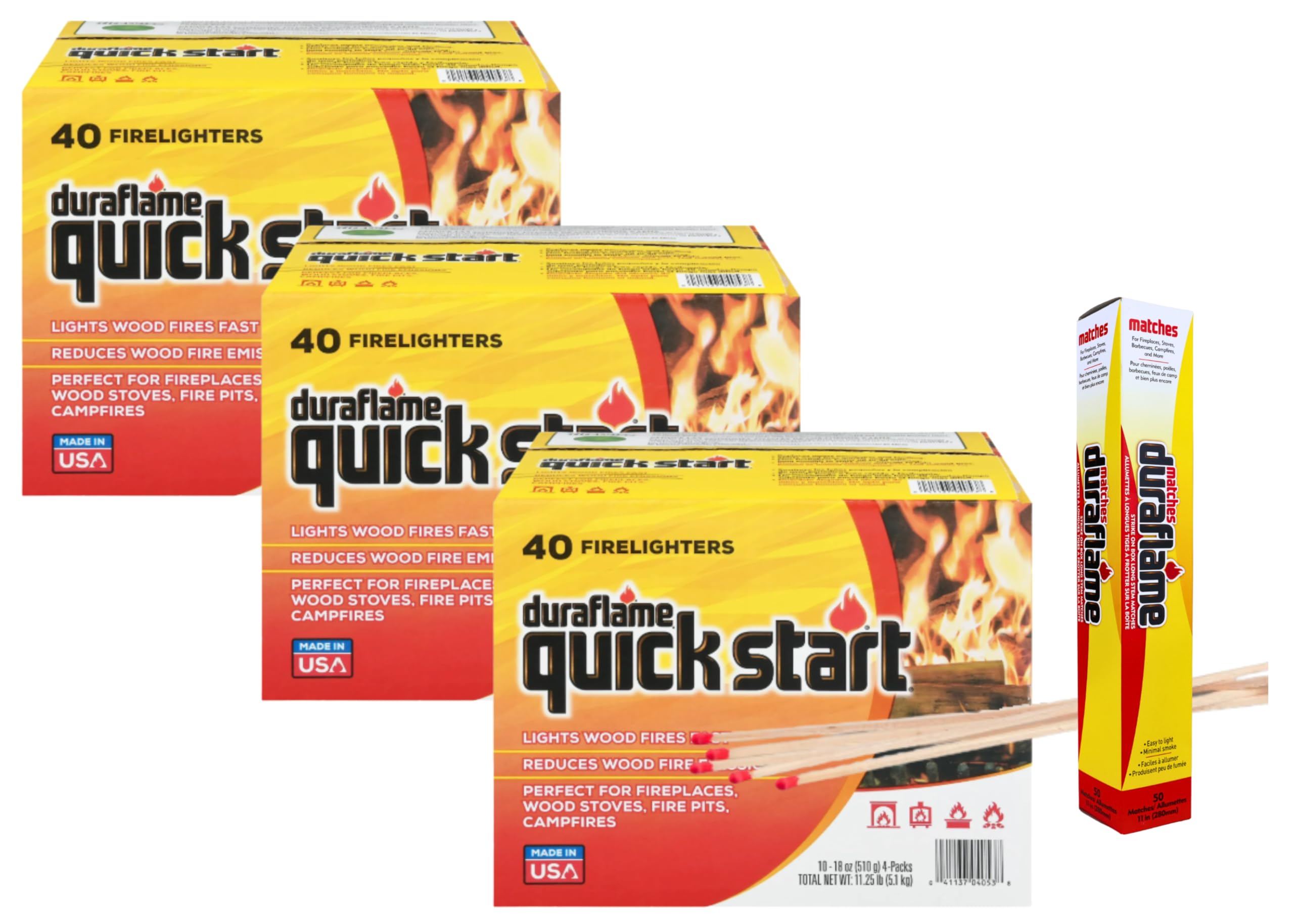 Duraflame Quick Start Firelighters 120 Pack + Long Strike Matches – Fast, Clean-Burning Fire Starters for Fireplaces & Campfires (3 Pack + Matches)