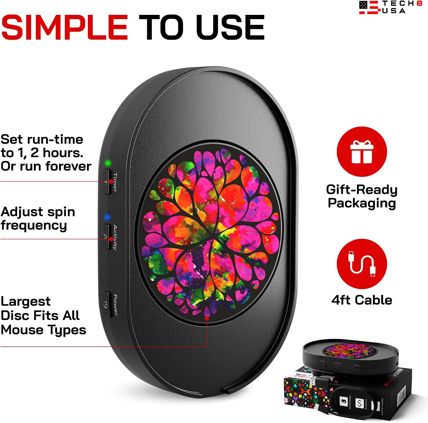TECH8 USA Mega Disc Mouse Mover Jiggler, Adjustable Activity & Auto-Turn Off Timer Settings, Undetectable, No Software, Random Movement, Patented, Designed, Engineered, Packaged in USA - Lava - 3