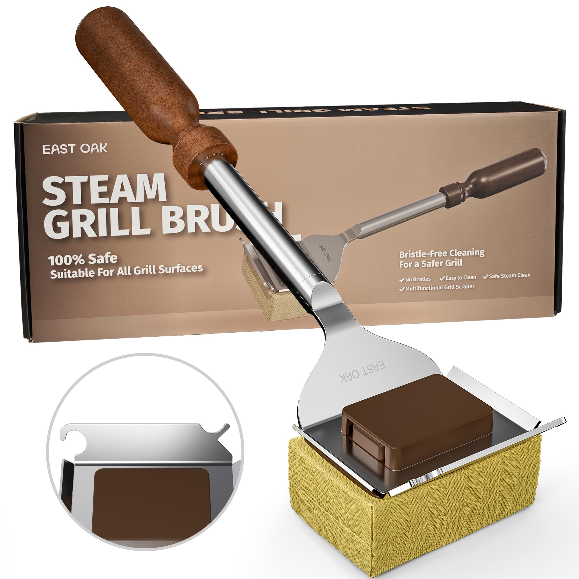 East Oak 16“ Bristle-Free Grill Brush, 2mm Thick Stainless Steel Rod, Heat-Resistant Aramid Sponge Head (900°F), Steam Cleaning Brush with Scraper, Safe for Cast Iron &amp; Stainless Steel Grates