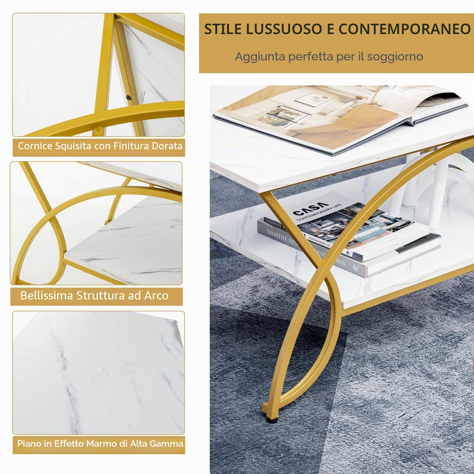 LIFEZEAL Tavolino da Salotto, con Effetto di Marmo, Tavolino Basso a 2 Ripiani, Tavolino da Caffè, da Divano, Moderno, Gambe Curve in Metallo, Montaggio Semplice, Soggiorno, Max 70kg, 100x50x45cm, Oro