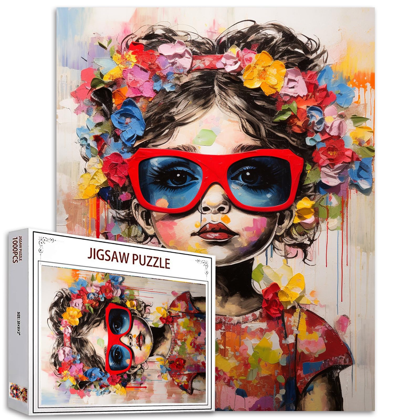 Graffitic Jigsaw Puzzles 1000 Pieces for Adults, Families(Little Girl Wearing Red Glasses) 1000 Pieces Fit Together Perfectly 19.7''x27.6''inch Girl with Flowers Frameable Doodle Magic Puzzle Art