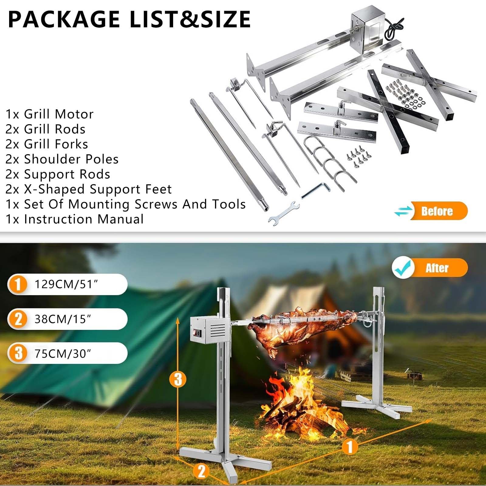 Kit Girarrosto Elettrico da 114 Cm, capacità da 150 A 200 kg, Supporto per Girarrosto per Maiale E Agnello, per Feste All'Aperto E Campeggio