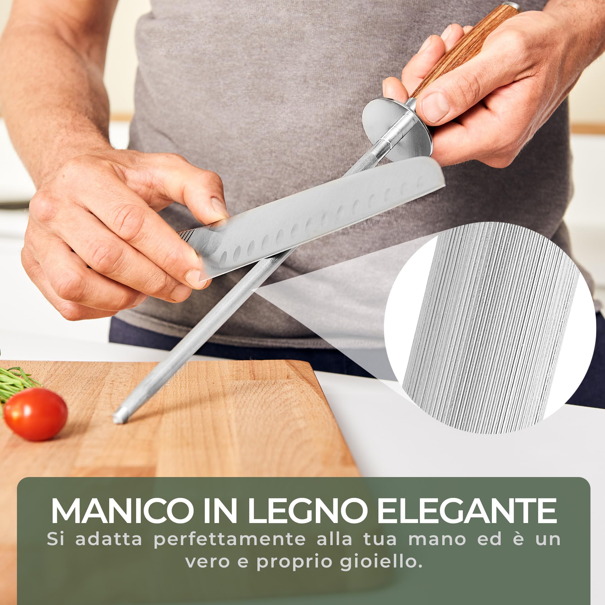 WALDWERK Affila Coltelli Premium – Affilacoltelli in acciaio temprato con elegante manico in legno – Acciaino professionale 100% privo di plastica – Affila Coletelli professionali