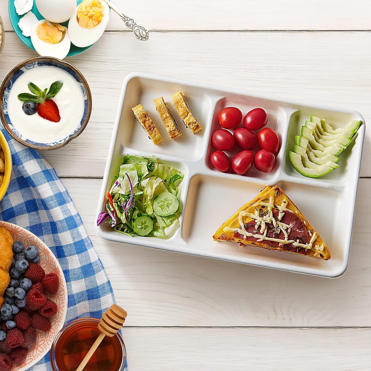 MSYU 125 piatti in cartone compostabili al 100% a 5 scomparti, vassoio da pranzo usa e getta di alta qualità, ecologici, realizzati in fibre di canna da zucchero