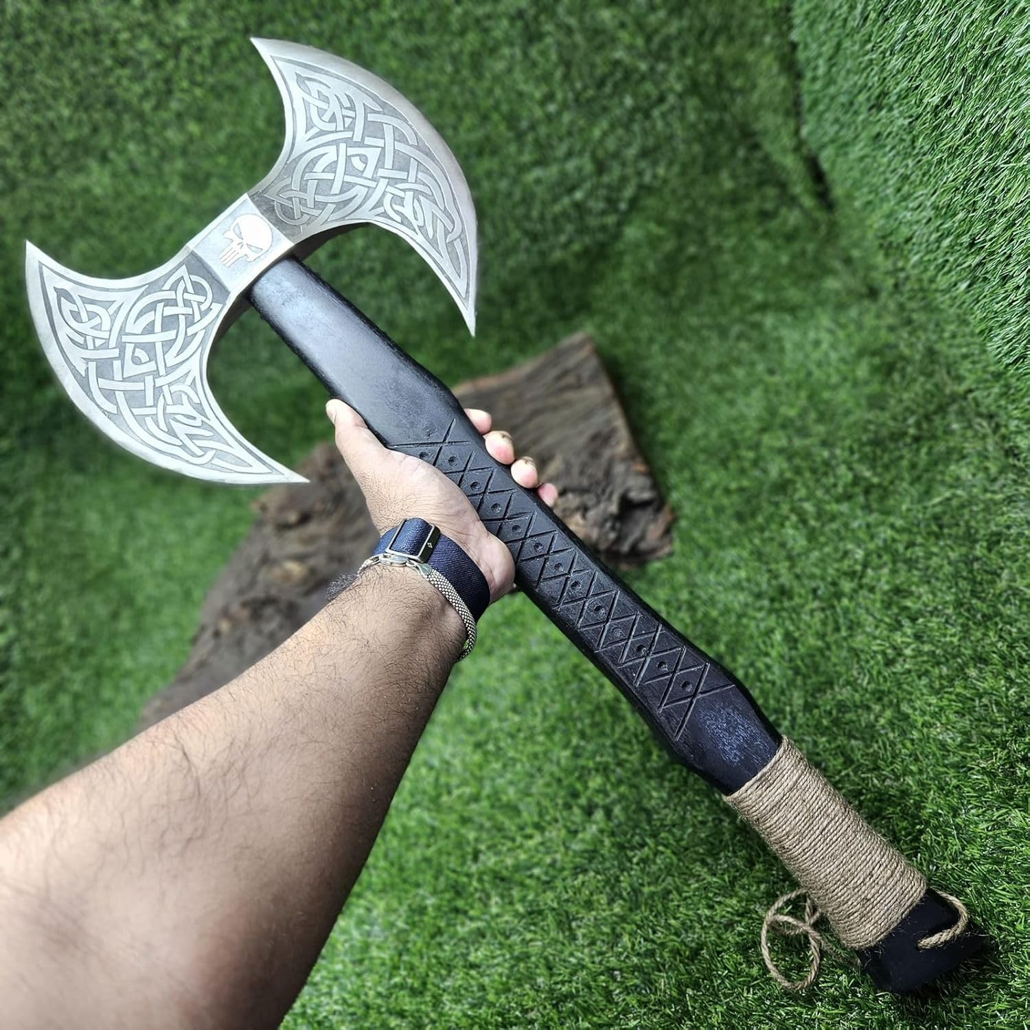 Hand-Forged Viking Double Axe – Carbon Steel Double Blade, Wooden Handle, Nordic Design, Outdoor Camping Hunting Gift, 100% Handmade with Leather Cover
