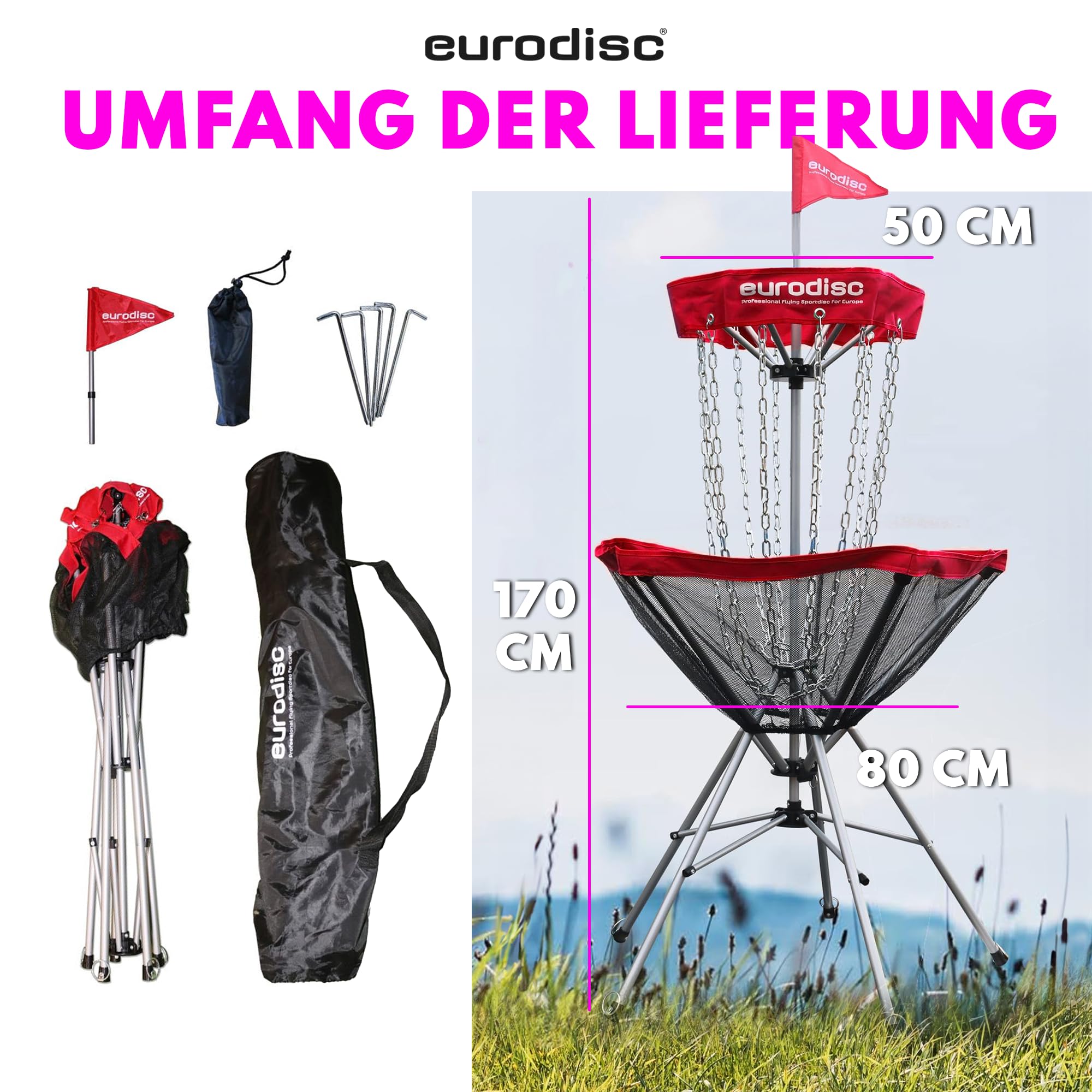 eurodisc 1Click! Profi Discgolfkorb, leicht zu tragen, mit einem Handgriff aufgebaut, Familientrendsport Discgolf