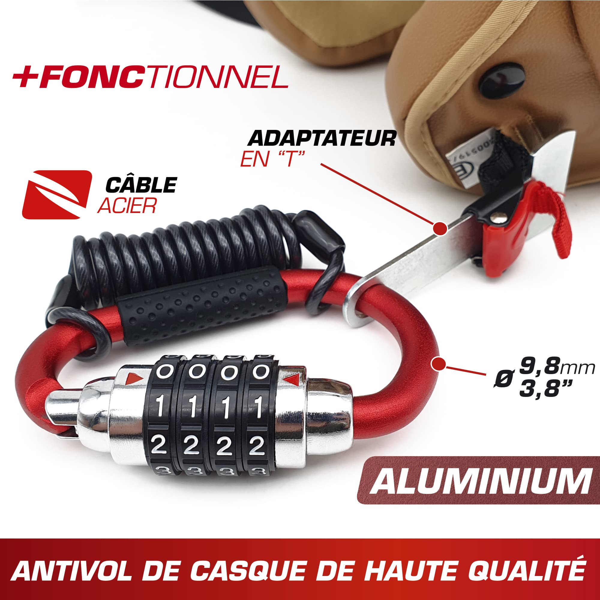 KRASER KR723B Cadenas Casque Moto Mousqueton Antivol à Code - Câble Sécurité Universel Vélo Et Bagages