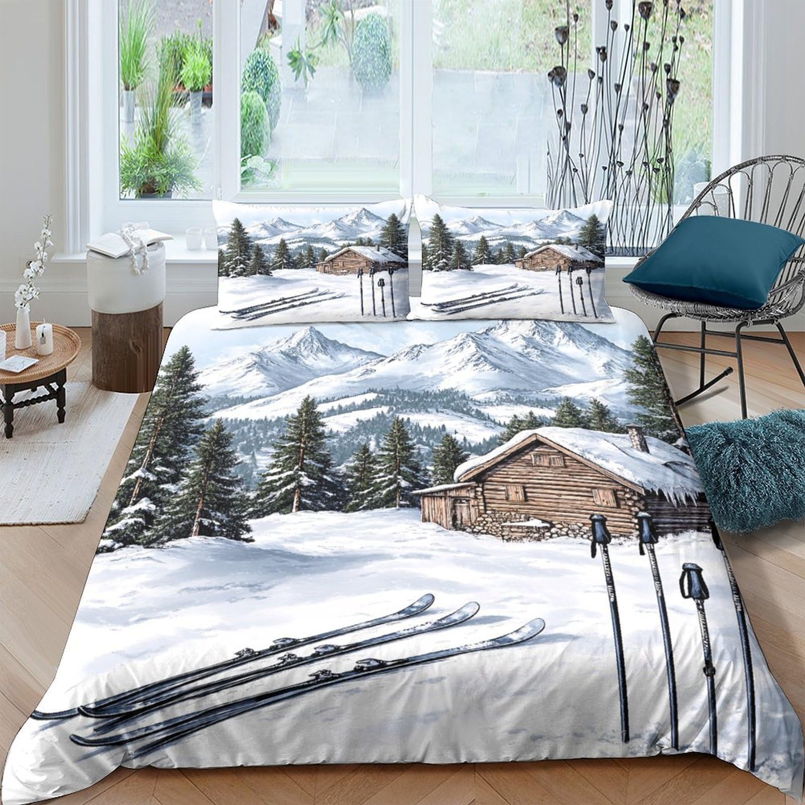 Ctjqhvkz Style-7 3D Printed Snow Cabin Fitted Sheet Microfiber Soft Winter Mountain Landscape Bed Cover For Bedroom Decor Protection Single（135X200cm）