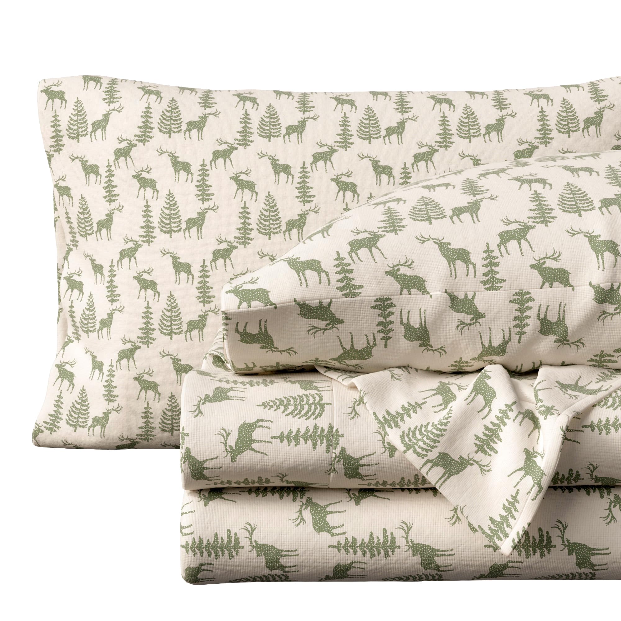 Great Bay Home Flannel Sheet Set California King Size - 100% Turkish Cotton, Double-Brushed, Printed Bed Sheets - Ultra-Soft, Cozy, 4-Piece Bedding Set (Deer Green)