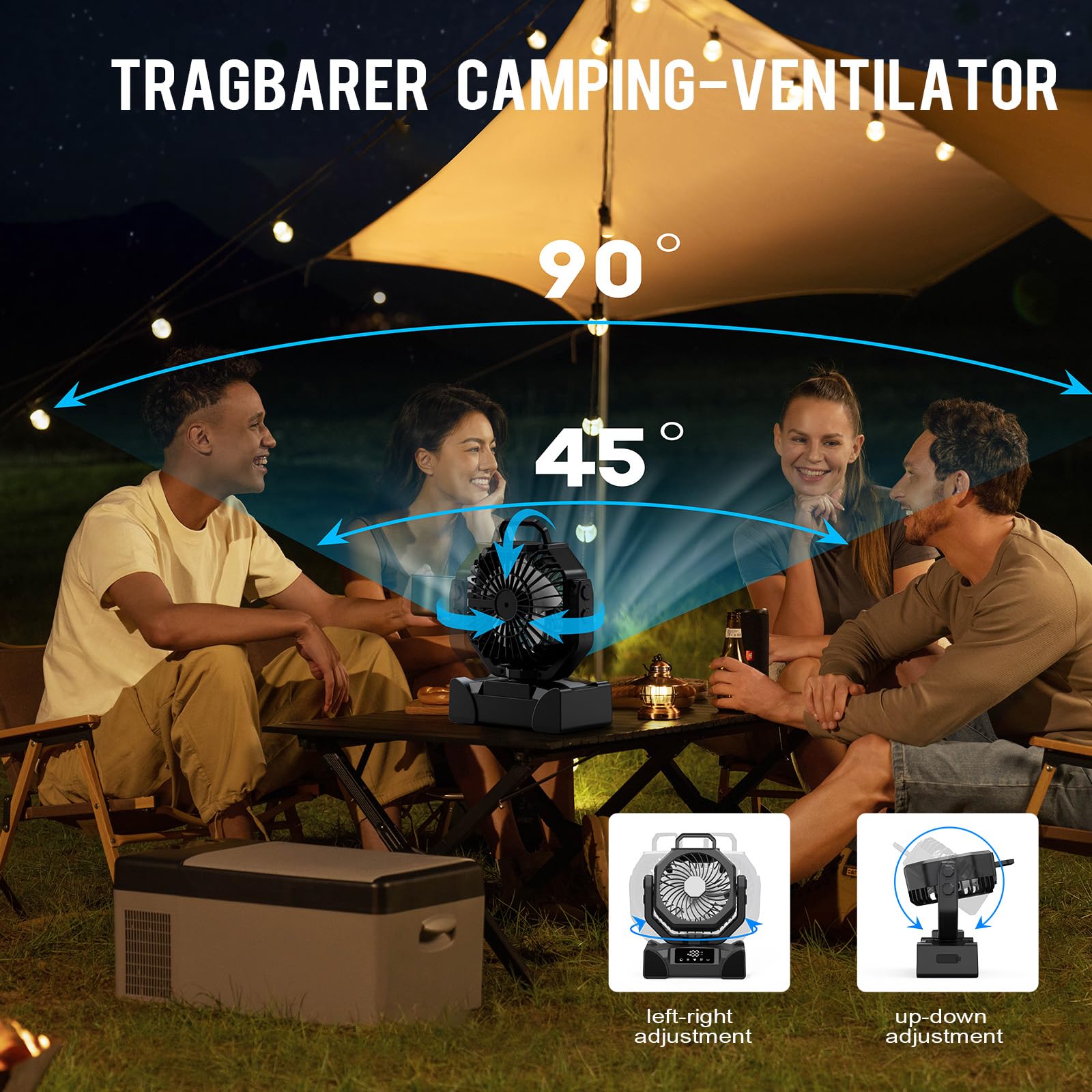 Ventilador de camping, 20000 mAh, USB, ventilador de mesa con luz, mando a distancia, ventilador oscilante con gancho colgante, 5 velocidades y temporizador, para tiendas de campaña, camping