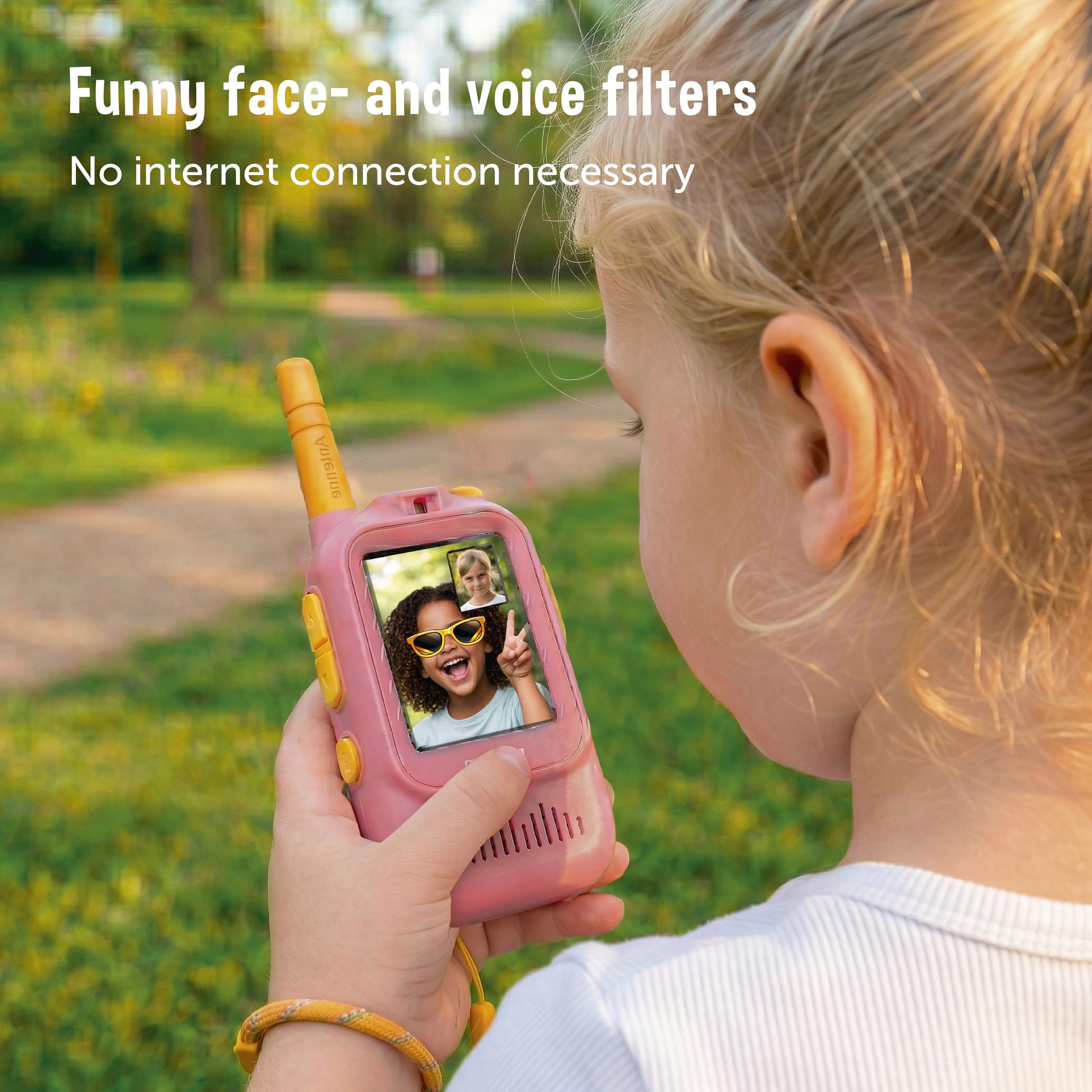ZAZU Video Walkie Talkie para niños con cámara, juego de 2, alcance de 300 m, pantalla de 2,0 pulgadas, recargable por USB, 5 efectos de voz y 16 filtros, radio con vídeo para interior y exterior