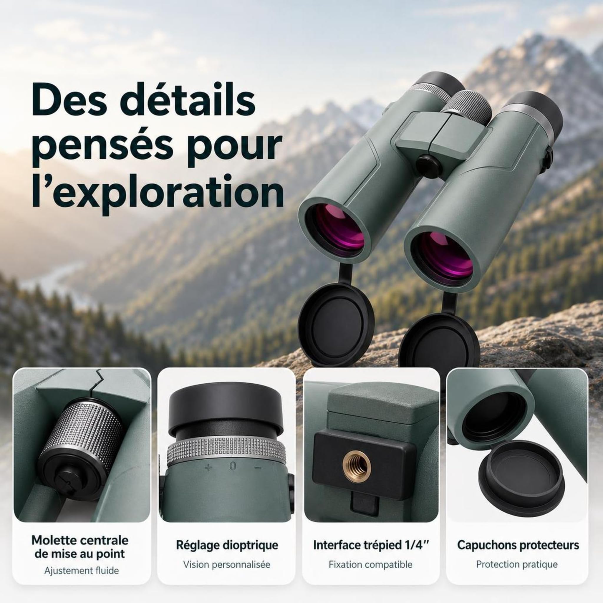 Kersens Original Jumelles Vertes Étanches, Optique HD et Format de Voyage pour Observation Longue Distance, Camping, Balades et Paysages (Vert)