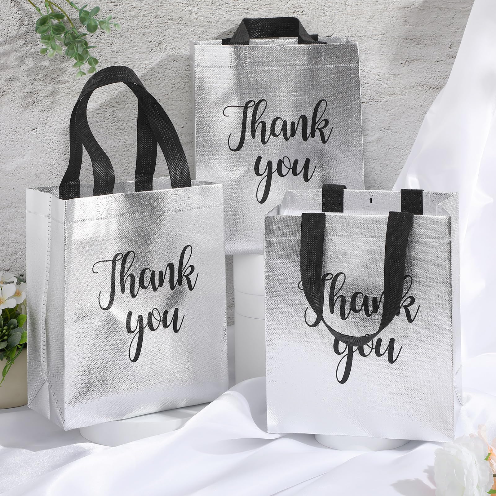 Fumete 50 Pcs Silver Glossy Thank You Gift Bag with Handles 8 x 4 x 10 Inch Non Woven Reusable Gift Bags for Graduation Fathers Day Wedding Birthday Party Engagement Anniversary Holidays