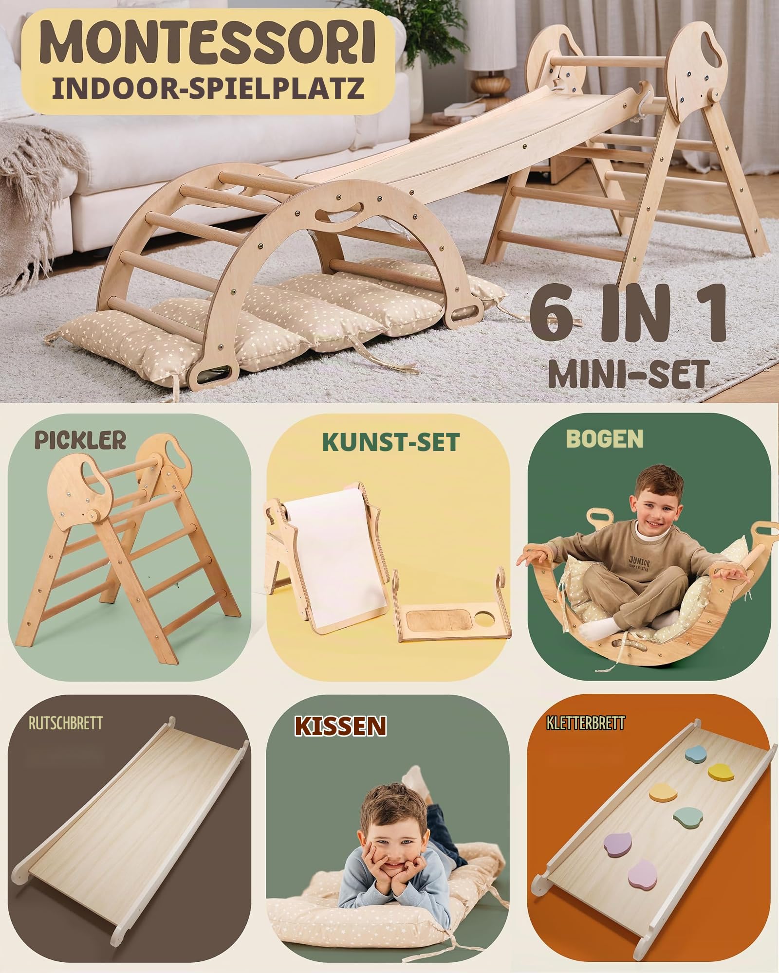 Goodevas Montessori Kletterdreieck Set | Klettergerüst Indoor Holz mit Dreieck, Wippe, Rutsche, Kissen & Kunst-Set, Umbaubar, 1-3 Jahre, Beige