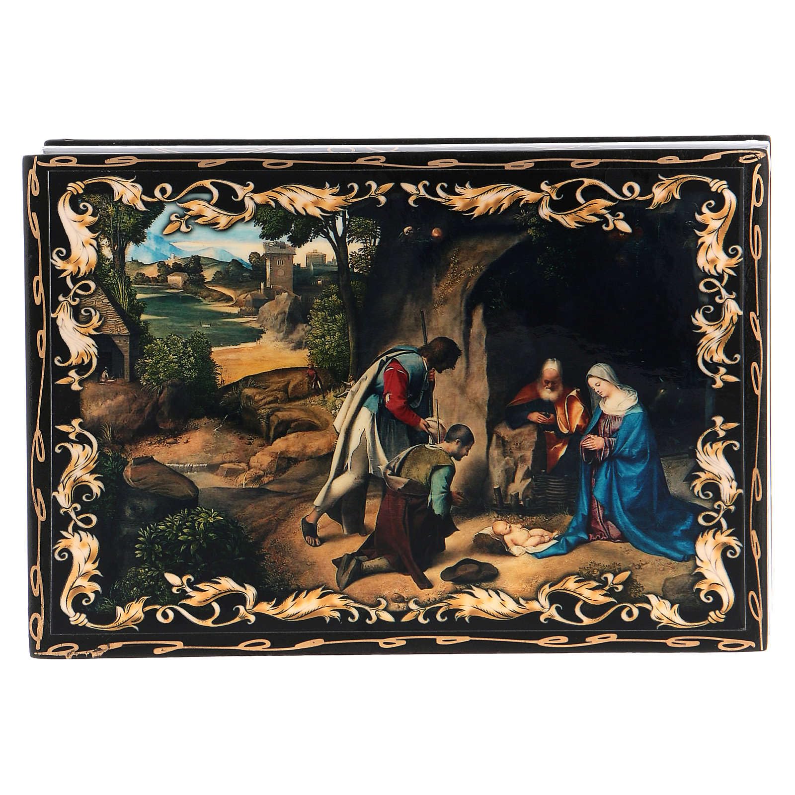 HolyartRussian Papier-mâché and Lacquer Painted Box The Adoration of The Shepherds 14x10 cm