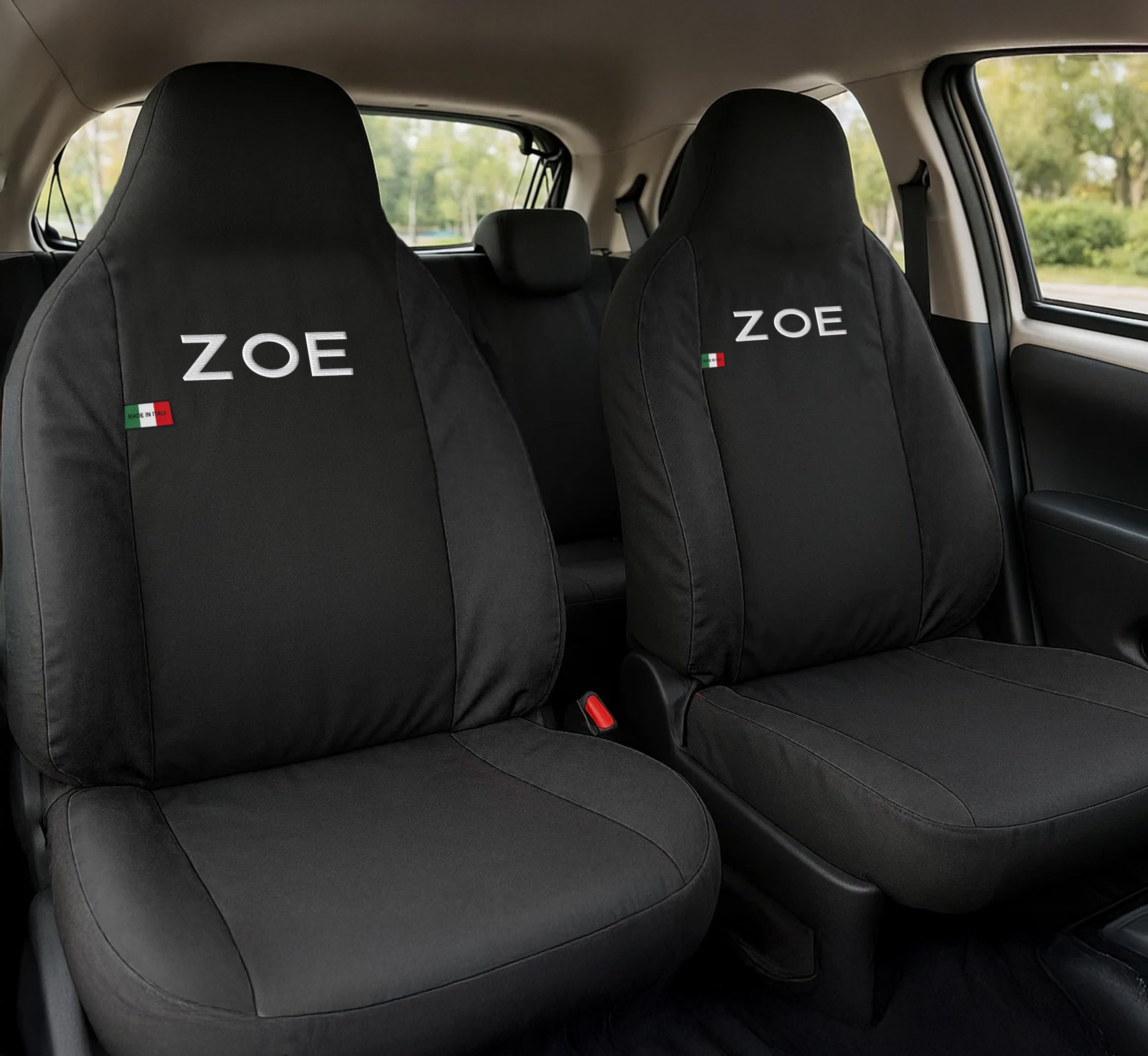 Auto Accessori Lupex Housses de sièges pour voitures compatibles Zoe | Housse pour appuie-tête incluse | Fabriqué en Italie | Ensemble de housses de siège avant et arrière | Logo brodé | Intérieur