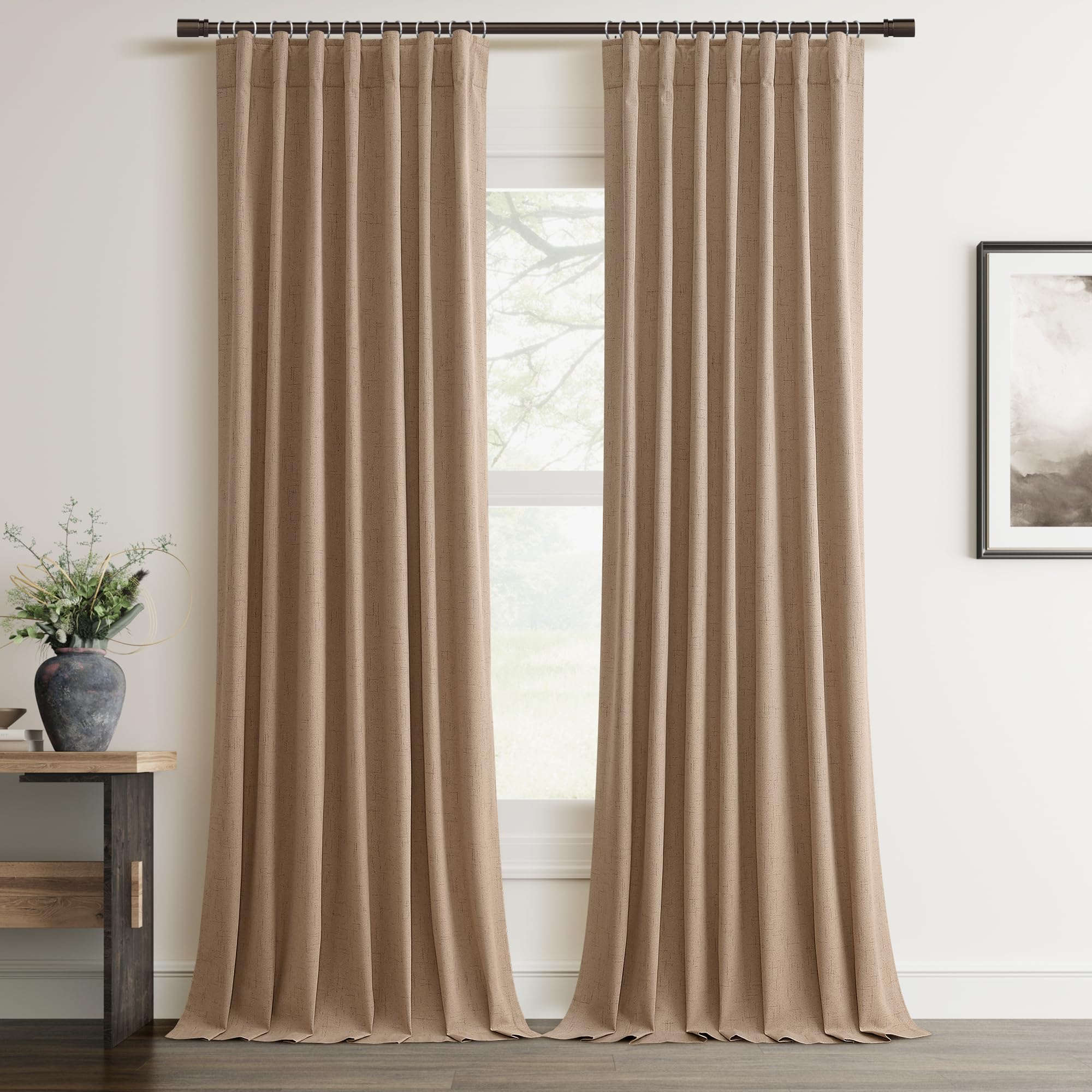 100% Blackout Curtain 120 Inch Length 2 Panel Faux Linen Modern Elegant Boho Farmhouse Living Room Darkening Curtain for Bedroom Window Black Out