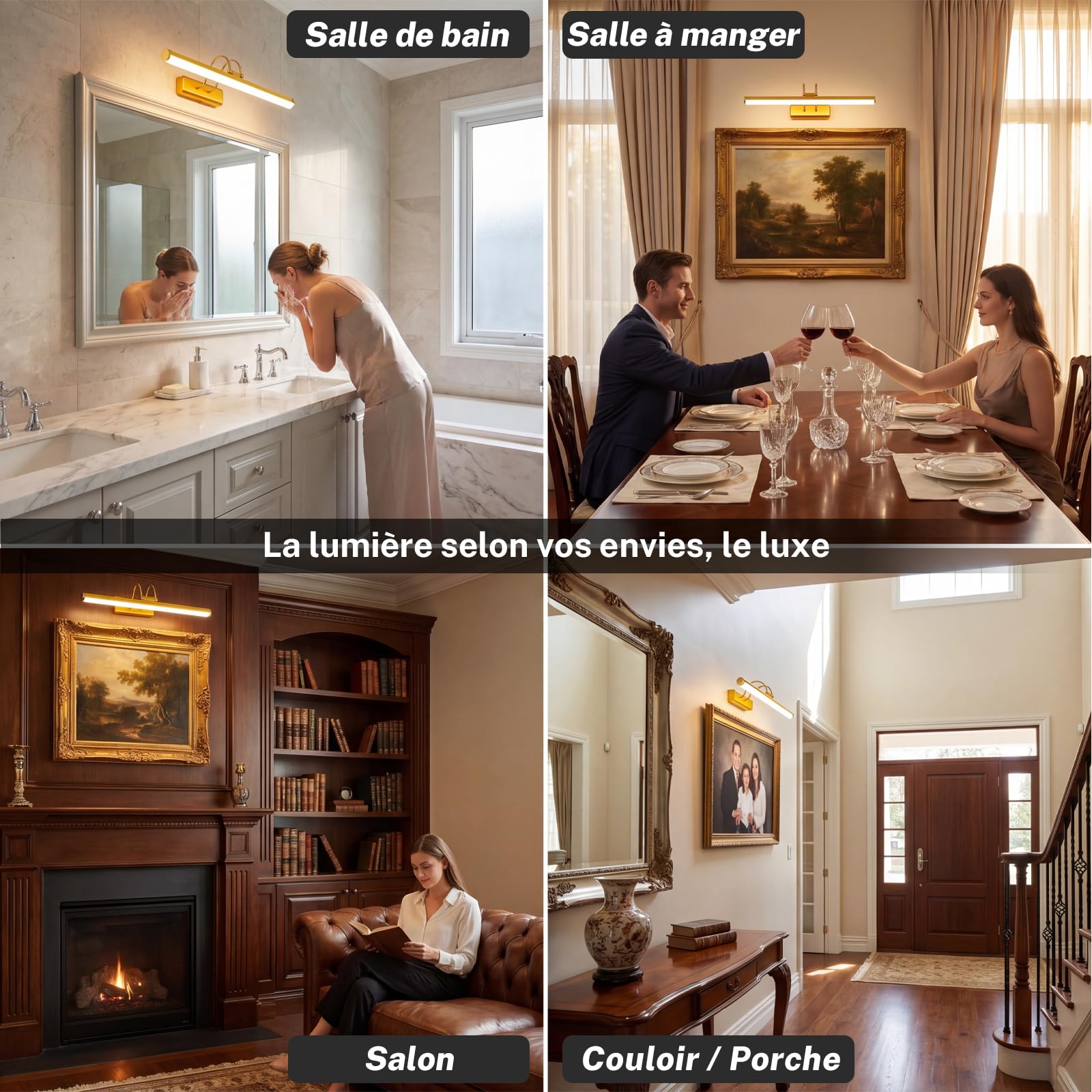Lampada a LED per specchio da bagno, 3 temperature di colore, applique da parete sopra lo specchio, 42cm, 8W, IP44, 950 lumen, oro, illuminazione moderna per specchio, lampada da parete per specchio
