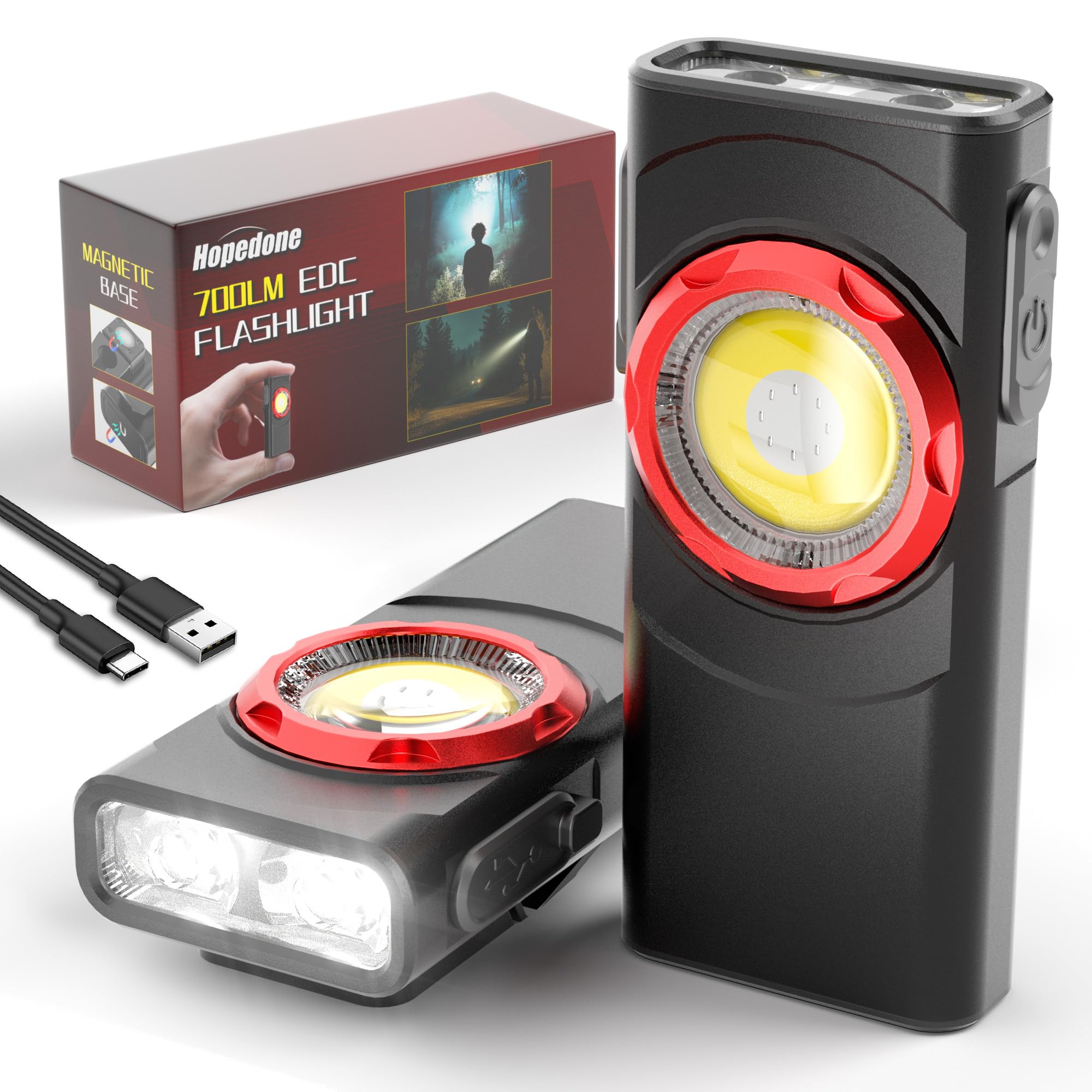 Hopedone EDC Flashlight Rechargeable, 700 Lumens Mini LED Flashlight with 8 Modes Dual Light Sources Magnetic Flashlights with Clip Waterproof Pocket