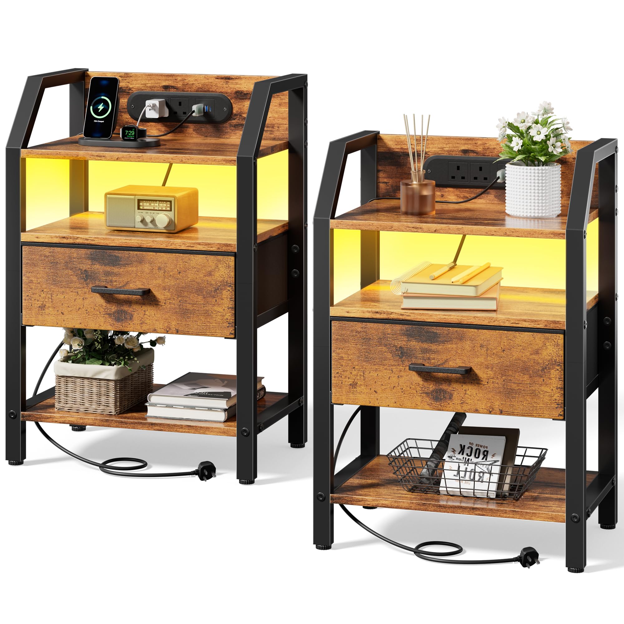 DLONGONE LED Bedside Table Set of 2 with Charging Station & Drawer, Brown