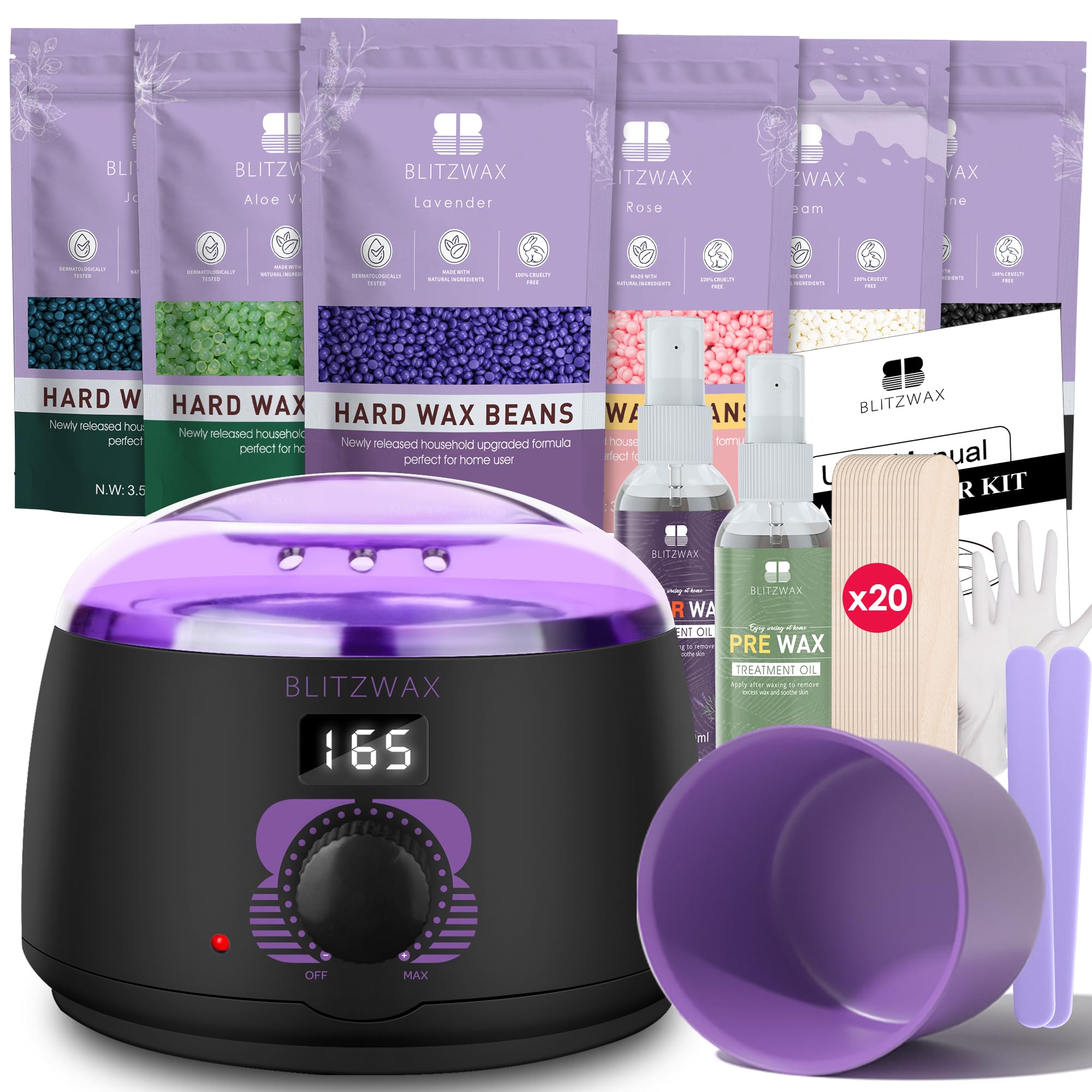 BLITZWAX Brazilian and Bikini Waxing Kit for Women, Hard Wax Warmer for Face, Legs and Body, At Home Hair Removal Kit, Beginner Friendly, Fast Heating, 51 Accessories, 6 Types Wax Bean Formula