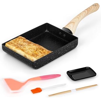 Winter Shore Japanese Omelette Pan Set - Rectangular Pan with Wooden Handle - Scrambled Egg Pan Non-Stick - Includes Omelette Serving Plate Oil Brush Silicone Spatula Roasting Sticks - Cooking Accessories
