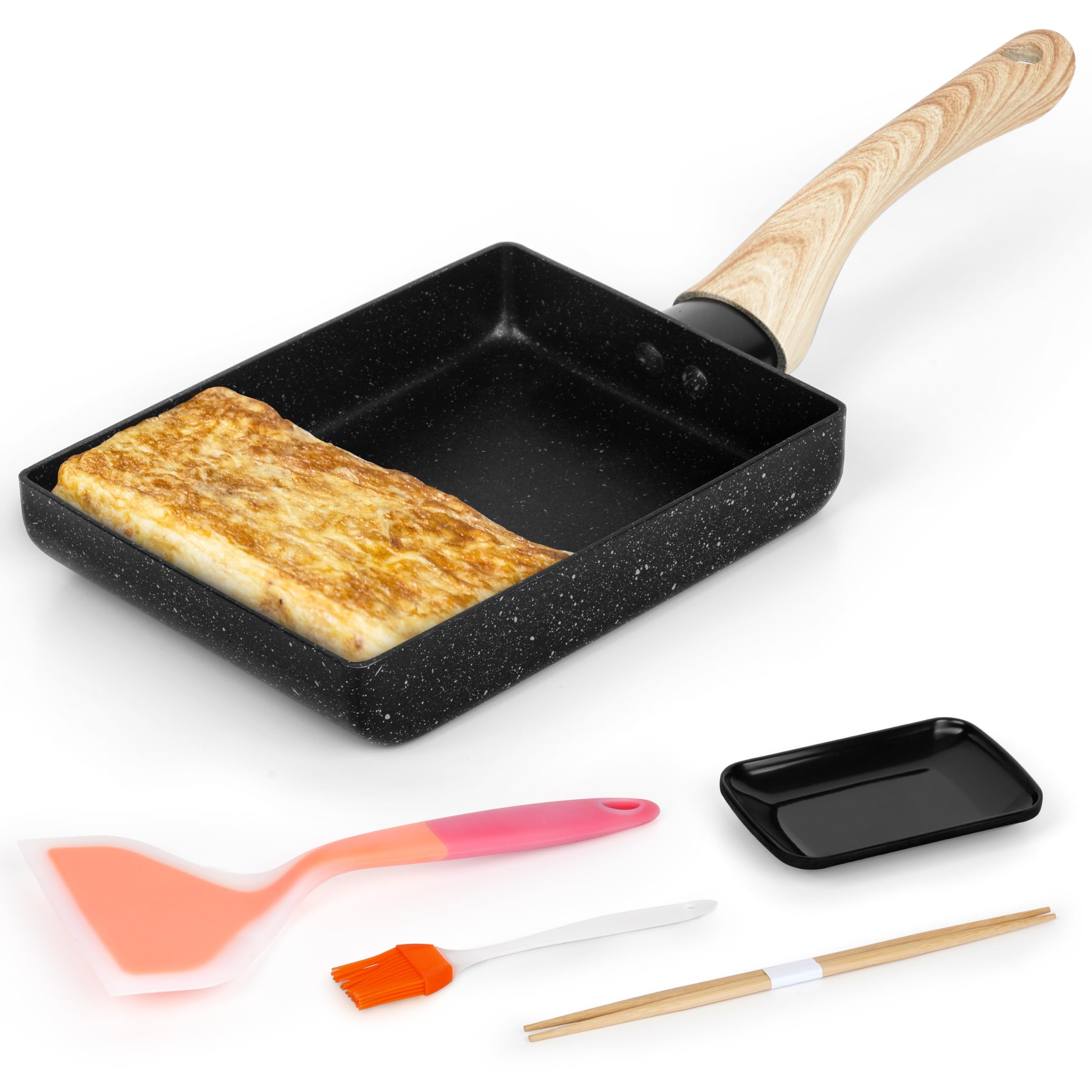 Winter Shore Juego de Sartén Tortilla Japonesa - Sarten Antiadherente Rectangular para Tamagoyaki con Mango de Madera - Incluye Plato, Cepillo para Aceite, Espátula, Palillos - Utensilios de Cocina