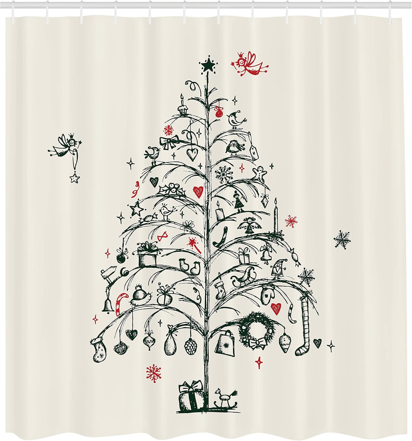 Ambesonne Christmas Shower Curtain, Fairies with Wands and Tree Hand Drawn Style with Wreath and Stockings Image, Cloth Fabric Bathroom Decor Set with Hooks, 69" W x 70" L, Red and Green