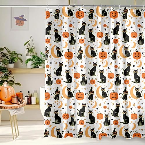 Cortina de ducha de Halloween de 72 x 72 pulgadas, cortinas de ducha de gato negro para baño con ganchos, decoración de baño de Halloween, hogar,
