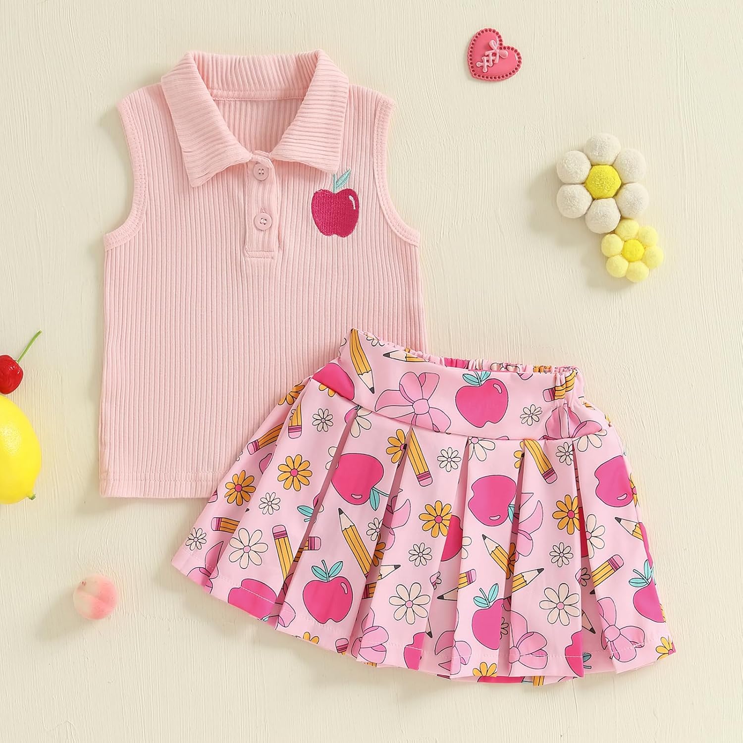 Kids Girl Back to School 2 Piece Outfits Summer Sleeveless Lapel Apple Graphic Tank Tops and Pleated Skirt Set - Image 7