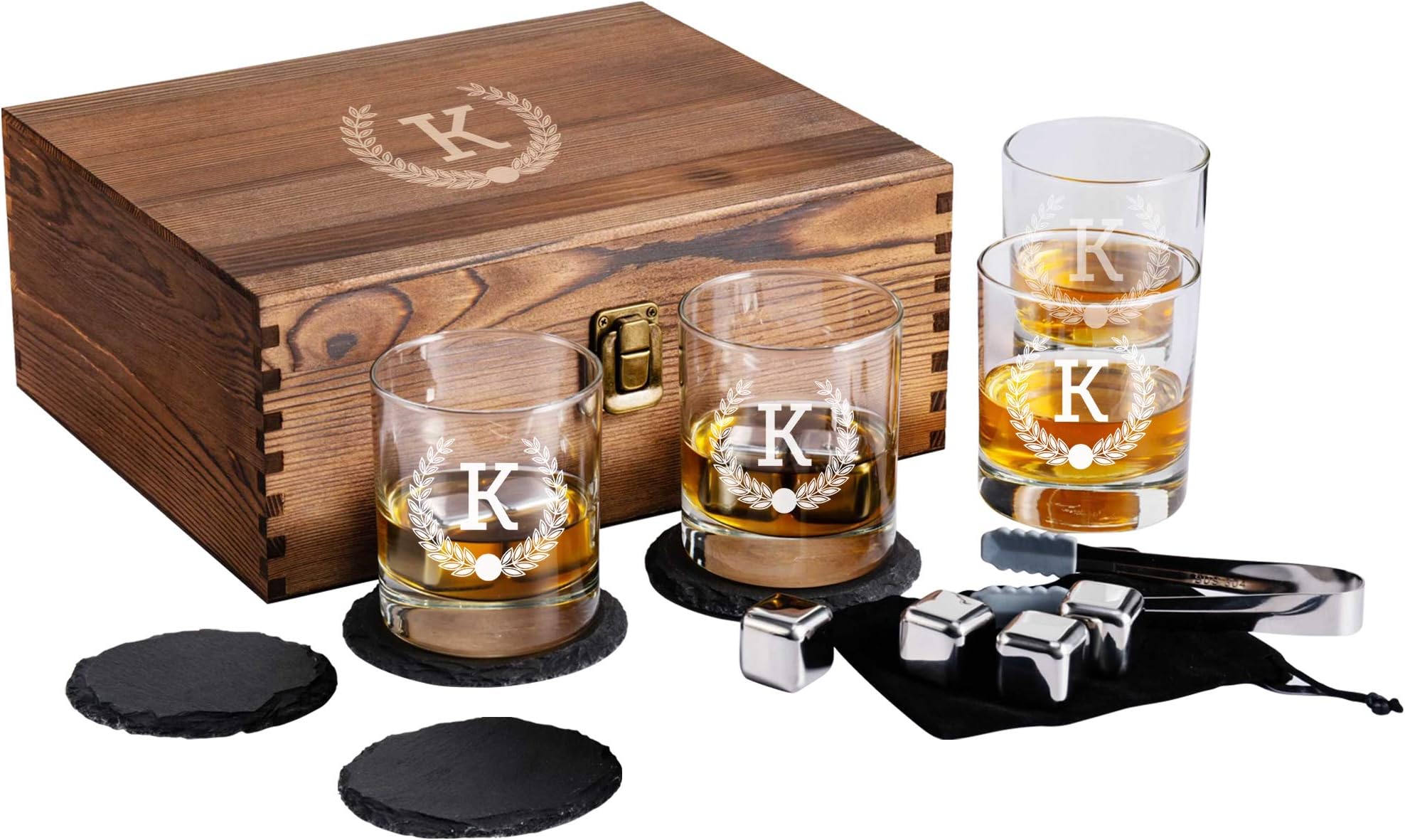 Froolu Personalized Whiskey Glasses Set in Wooden Gift Box - Includes 4 Scotch Glasses, 4 Natural Slate Coasters, 8 Chilling Stones & Tongs - Great Mens Home Bar Gift for Him, Husband, Dad