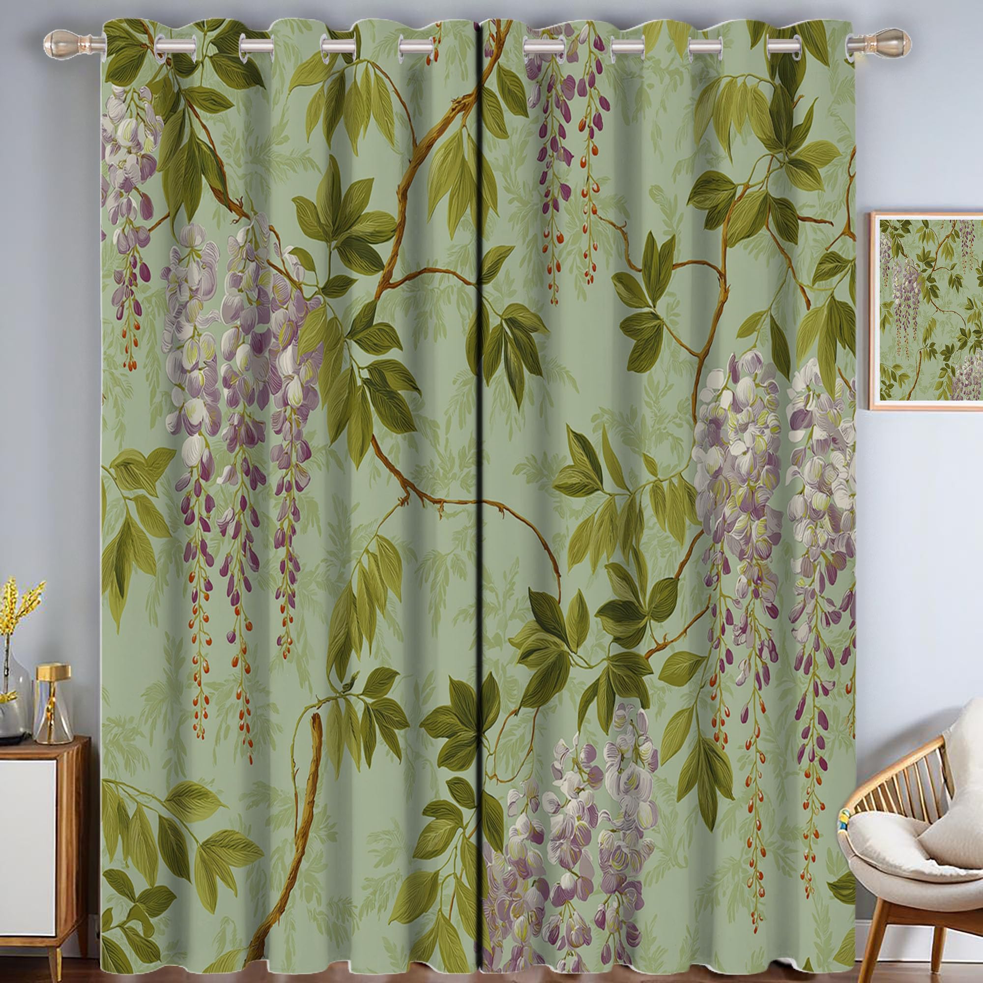 Rideaux occultants glycine et feuilles vert clair style pastoral - Lot de 2 panneaux 140x175cm
