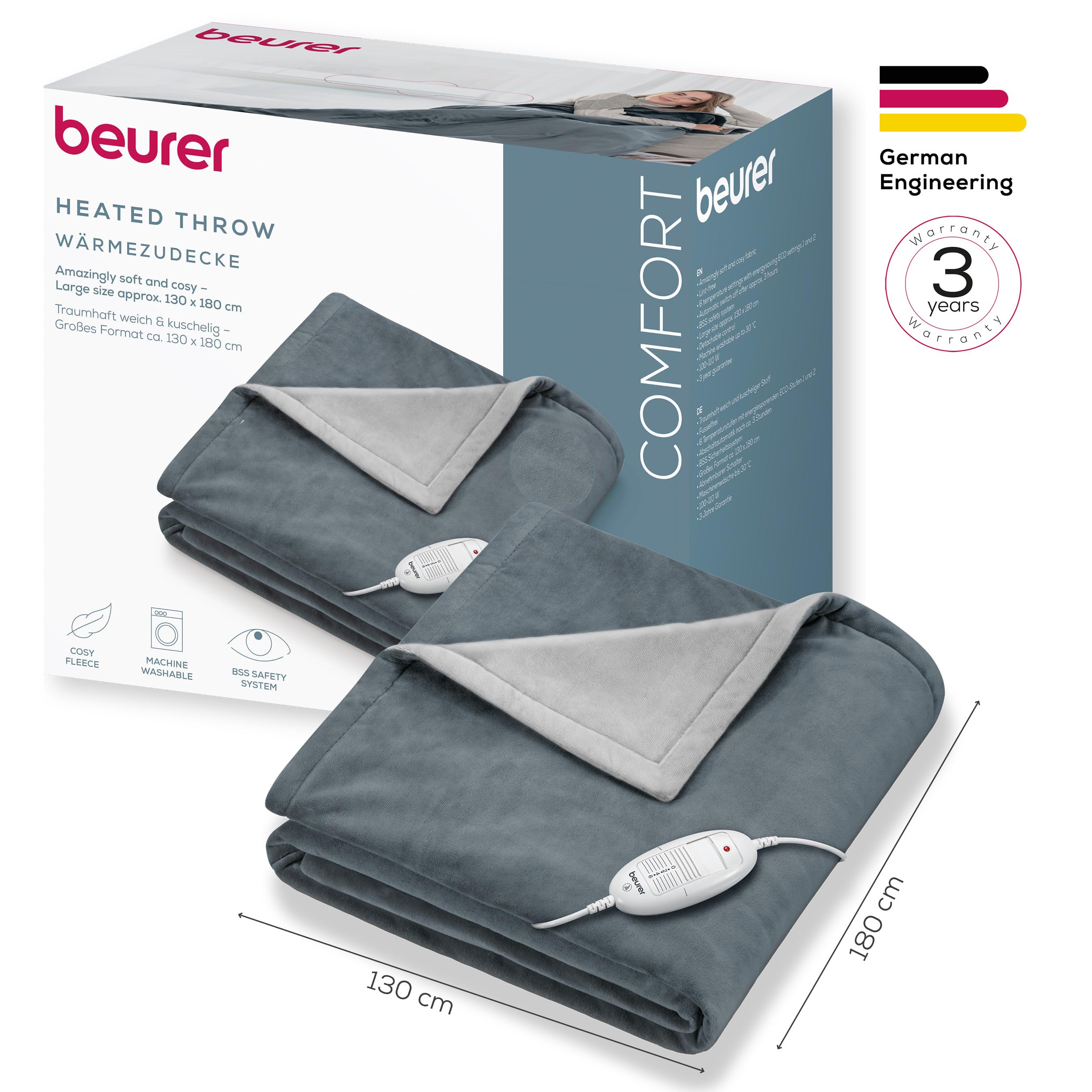 Beurer HD 75 Heizdecke 180 x 130 cm, 6 Temperaturstufen, maschinenwaschbar, Abschaltautomatik, dunkelgrau