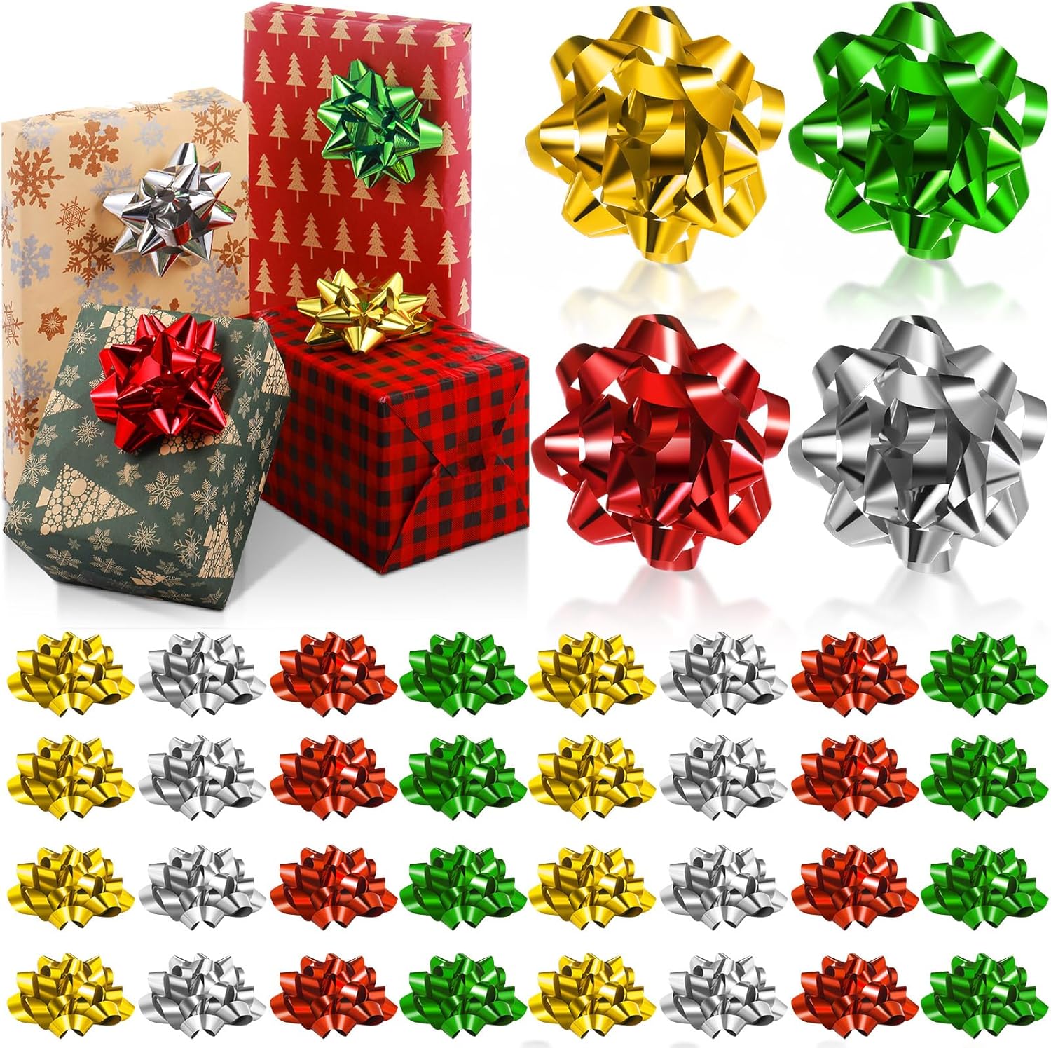 Yilloog 24 Pcs Christmas Gift Bow 4 Inch Xmas Ribbon Bows for Gift Wrapping Self Adhesive Gift Bows Assortment Color Star Metallic Bows for Holiday Presents Box(Red)