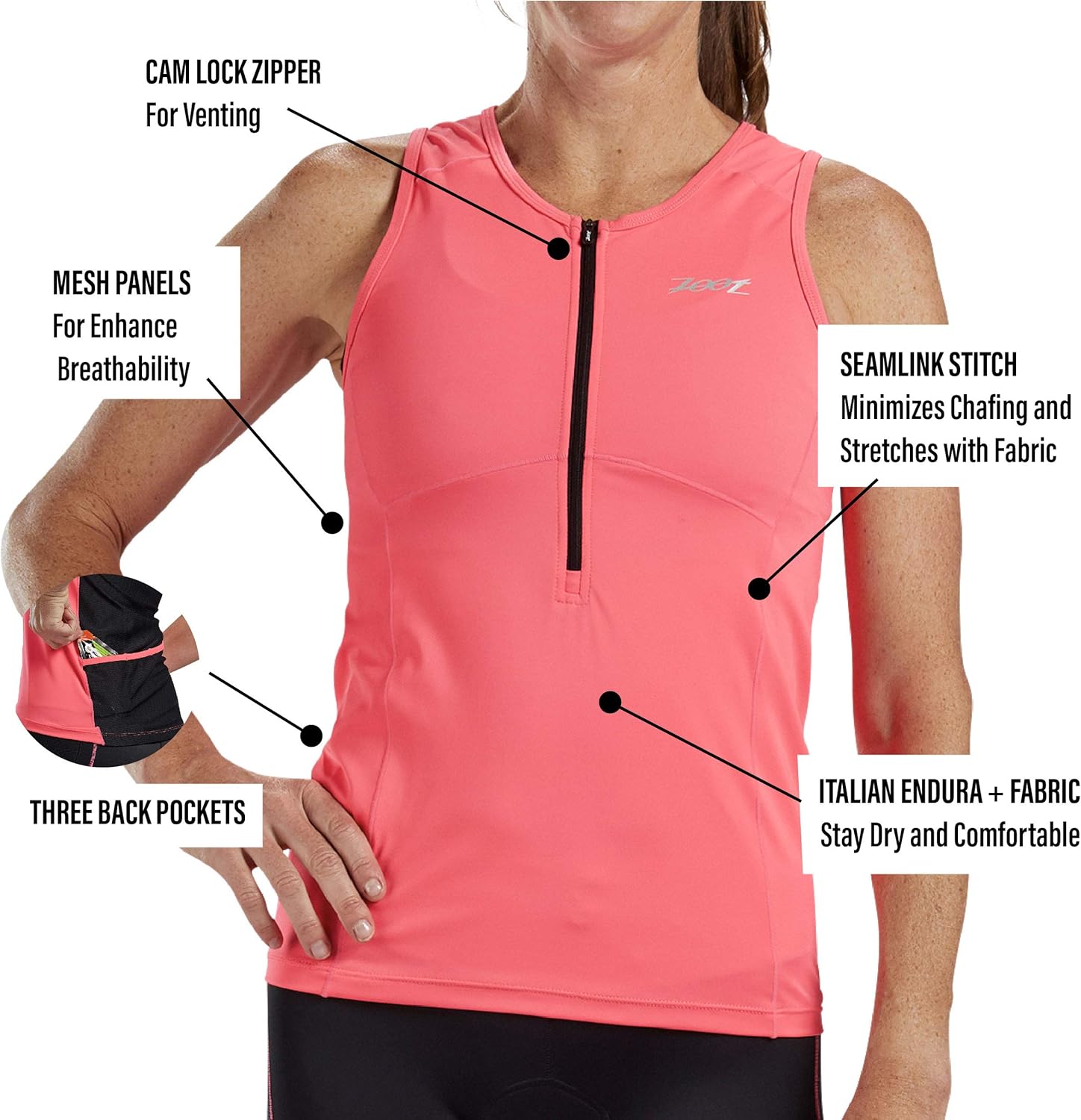 Zoot Women’s Core Tri Tank – Women’s Performance Triathlon Tank Top with 3 Back Pockets, Mesh Panels, and Cam Lock Zipper (Blush, Small)