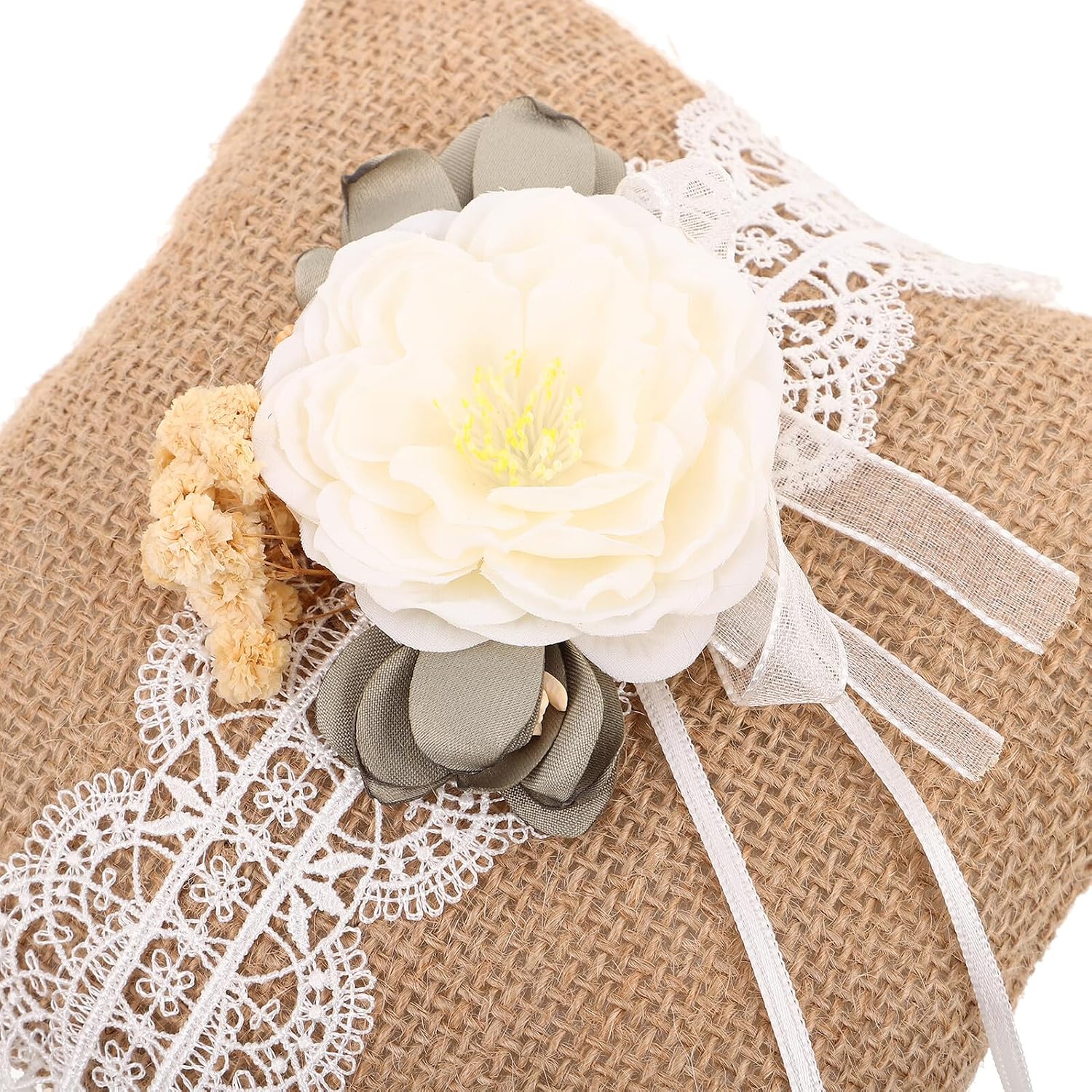 Abaodam Vintage Burlap Lace Ring Pillow Rustic Wedding Ring Bearer Cushion with Lace Accent for Ceremony and Photography 15cm Coffee Color