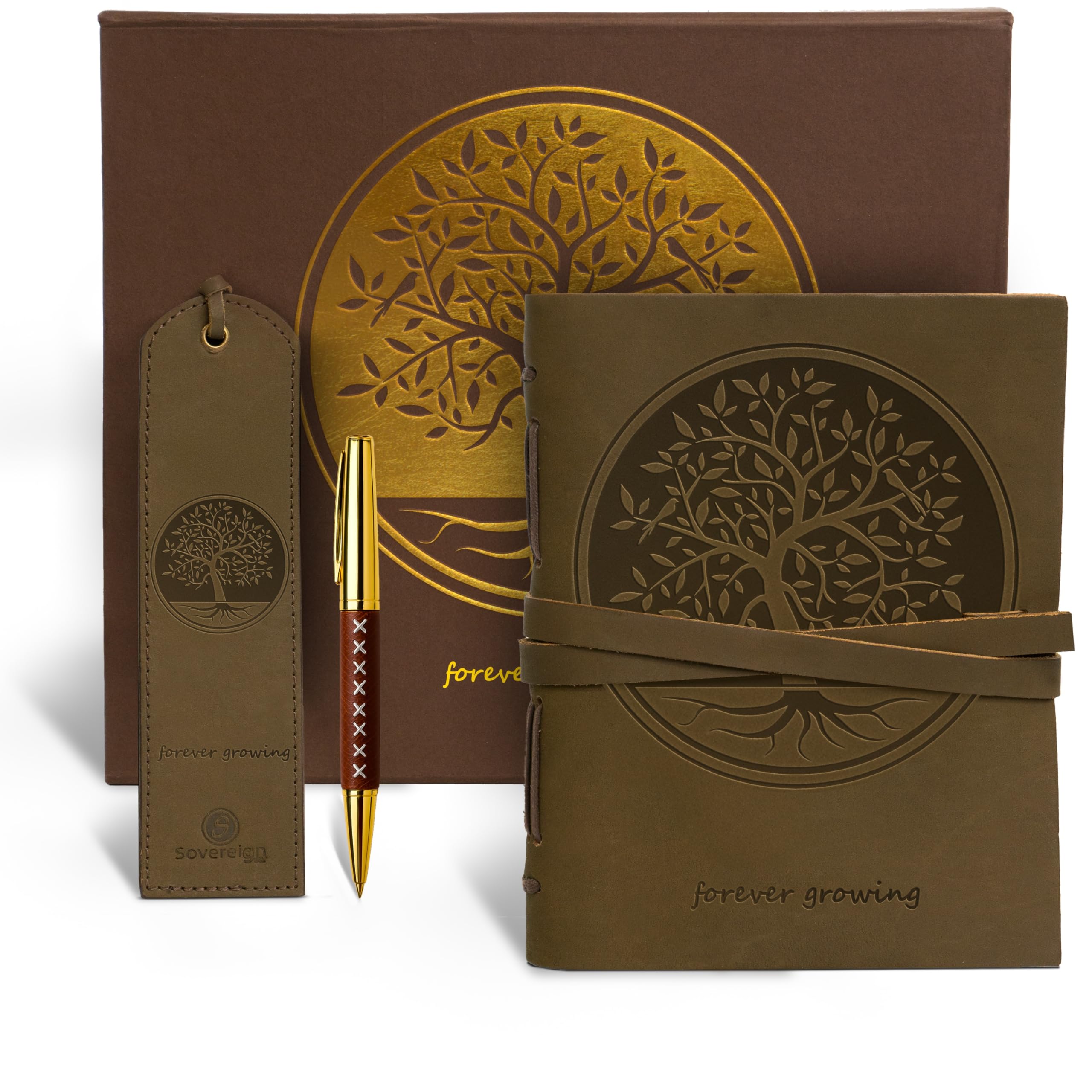 Coffret journal cuir Sovereign-Gear Arbre de vie – Carnet fait main avec stylo et marque-page | Journal vintage homme/femme | Livré dans coffret cadeau estampé élégant.